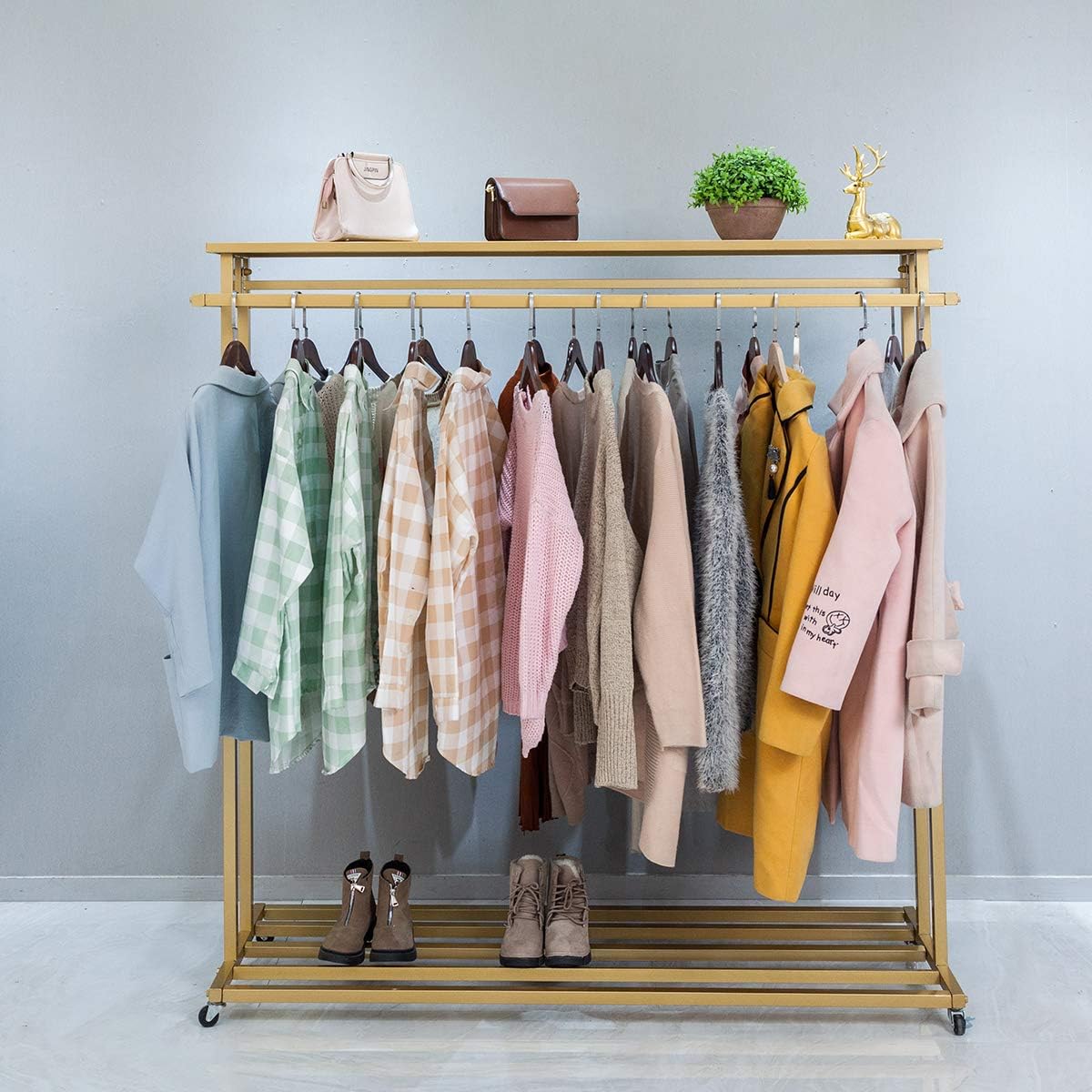 63' Heavy Duty Metal Clothing Rack with Wheels, Gold Garment Rack for Boutique Commercial Home Use, Standing Adjustable Rolling Display , Wardrobe Closet Organizer