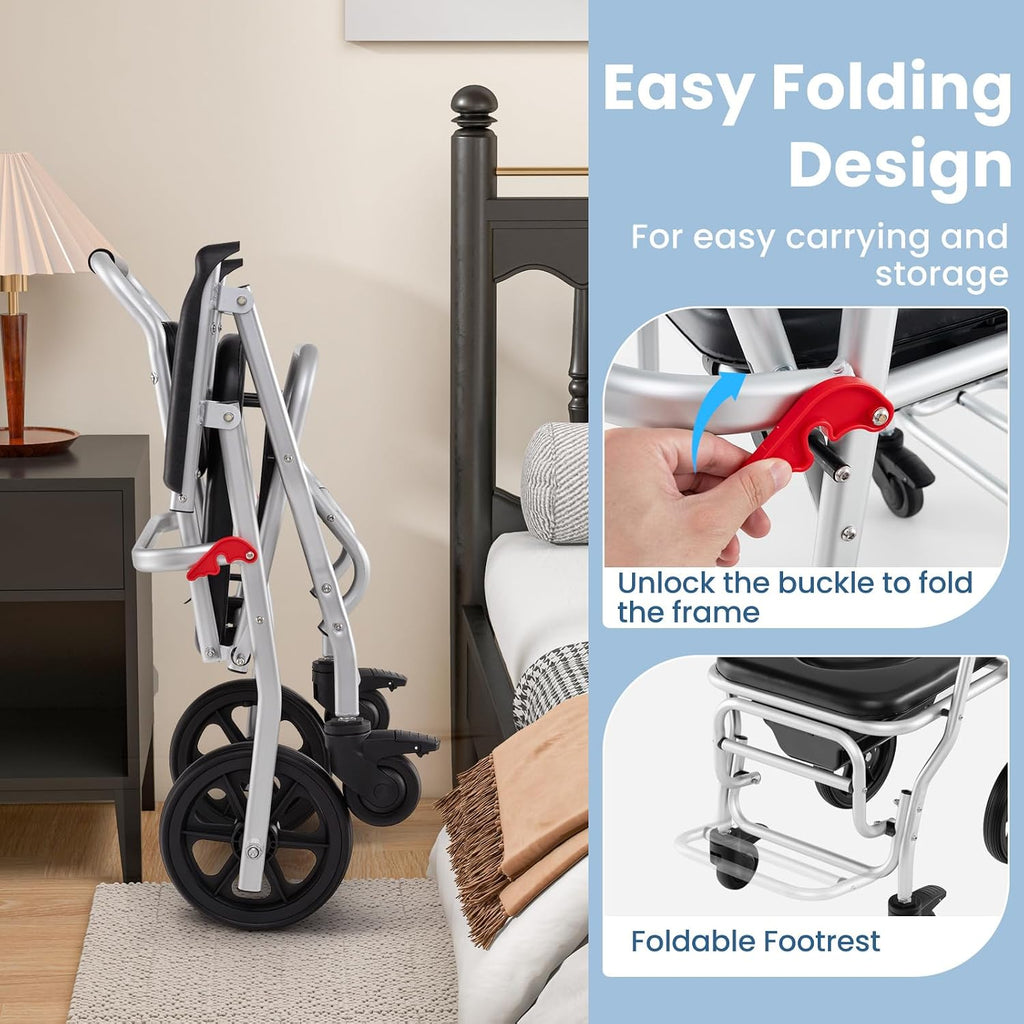 Giantex Bedside Commode Wheelchair for Toilet - Foldable Shower Chair with Arms, Lockable Casters, Detachable Bucket, Transport Wheelchair, Rolling Bath Chair, Shower Seats for Elderly, Handicap