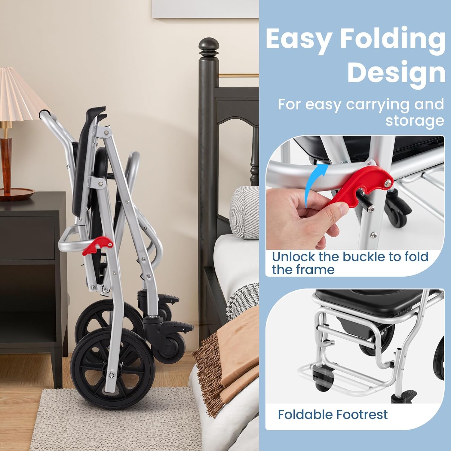 Giantex Bedside Commode Wheelchair for Toilet - Foldable Shower Chair with Arms, Lockable Casters, Detachable Bucket, Transport Wheelchair, Rolling Bath Chair, Shower Seats for Elderly, Handicap
