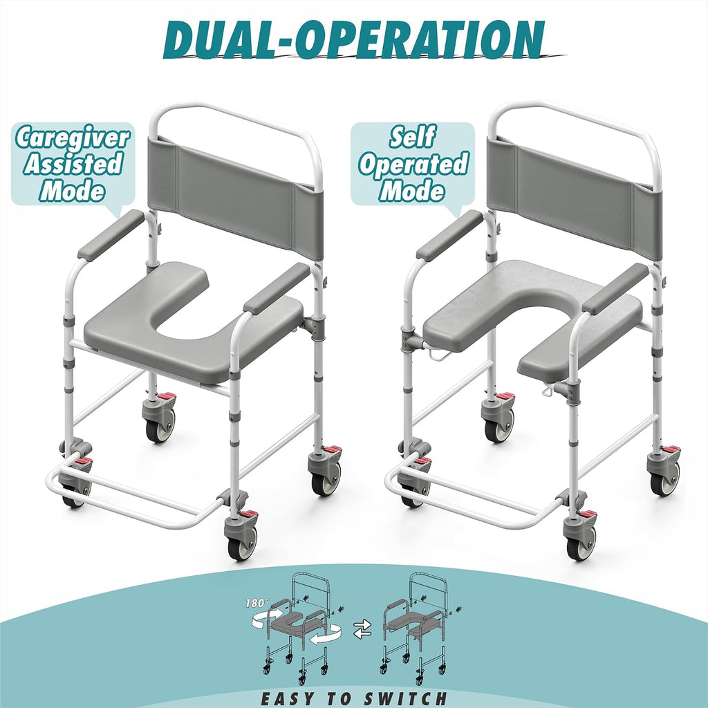 Bedside Commode with Wheels, Shower Wheelchair with 300 LBS Weight Capacity, Portable Toilet with Bucket for Elderly and Disabled
