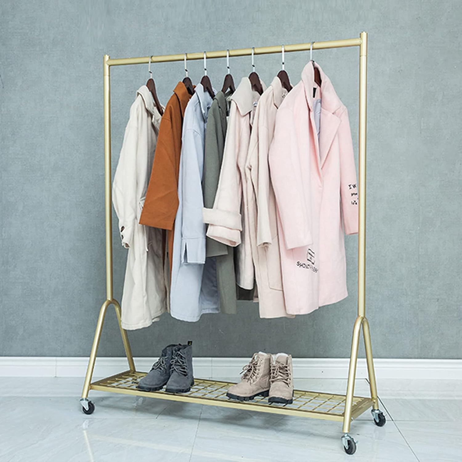 Garment Rack Portable Rolling Garment Rack with Wheels，Nordic Modern Metal Hanging Clothes Rail and Display Clothing Rack， Single Rod Coat Rack for Bedroom Office Indoor(Size:120x40x155CM,Color:Gold)