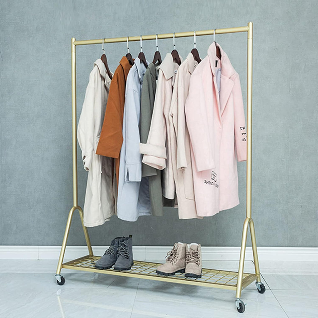 Garment Rack Portable Rolling Garment Rack With Wheels，Nordic Modern Metal Hanging Clothes Rail And Display Clothing Rack， Single Rod Coat Rack For Bedroom Office Indoor(Size:100x40x155CM,Color:Gold)