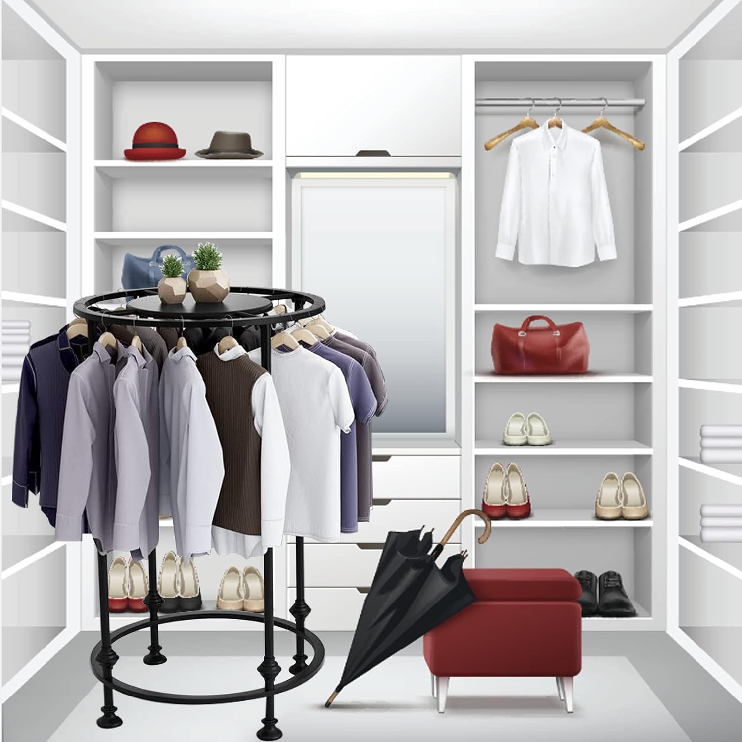 Round Garment Rack, Floor Standing Iron clothes Hanging Rack with Topper, Suitable for Large Shopping Malls Retail, Clothes Boutique Display Laundry Rooms Multi-Purpose Hanging (BLACK)
