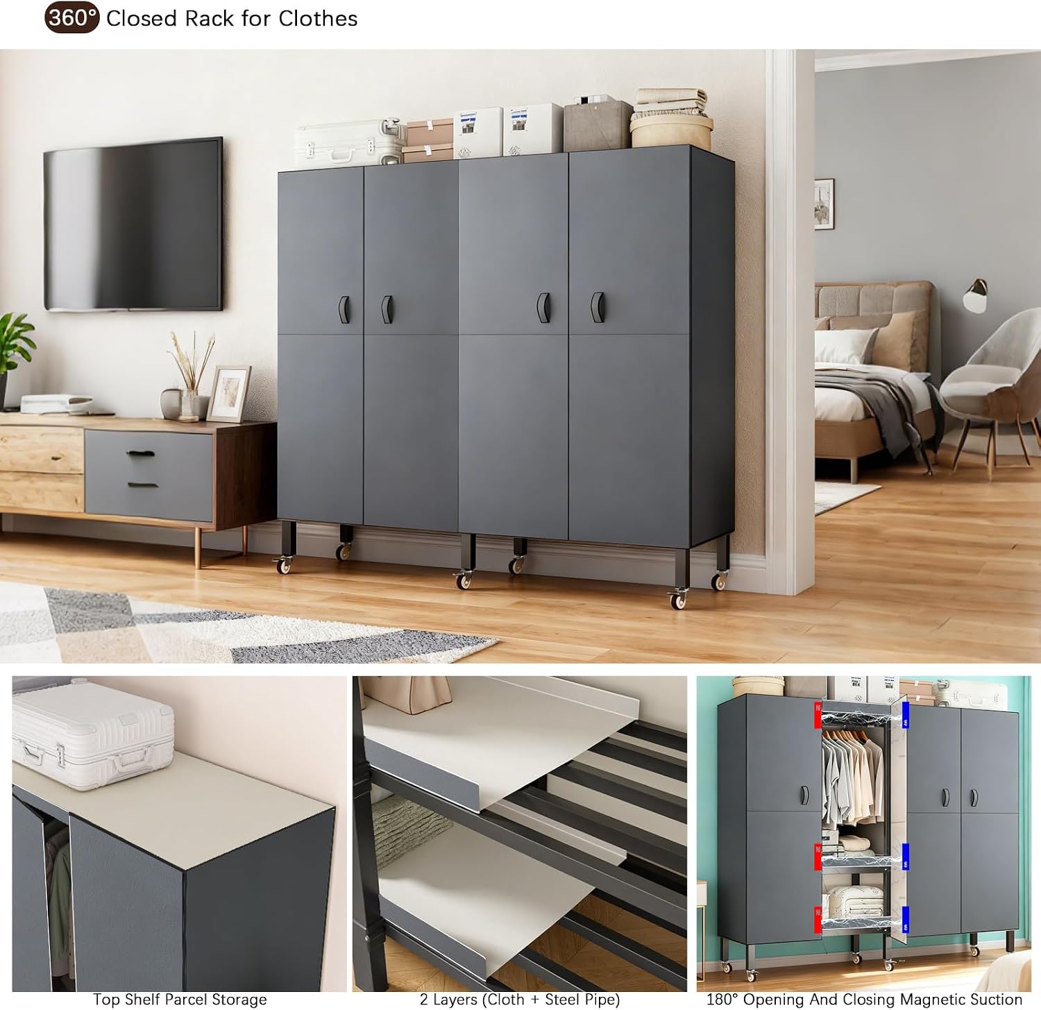 Foldable Portable Armoire Wardrobe Closet for Hanging Clothes Rack, Heavy Duty Covered Clothes Rack with Cover(HARDBOARD Magnetic), Closet Garment Rack for Bedroom Storage (KT Grey, 59.05in)