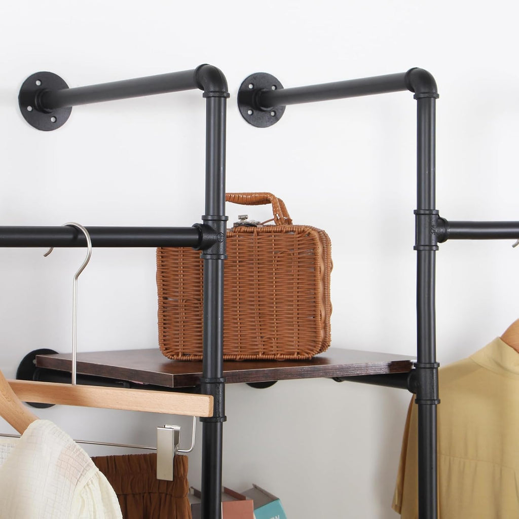 Wall Mounted Industrial Pipe Heavy Duty Clothes Rack, Clothing Rods for Hanging Clothes, Freestanding Clothing Rack with 2 Hang Rods & 4 Shelves, 72.8' W x 17.7' D x 71' H