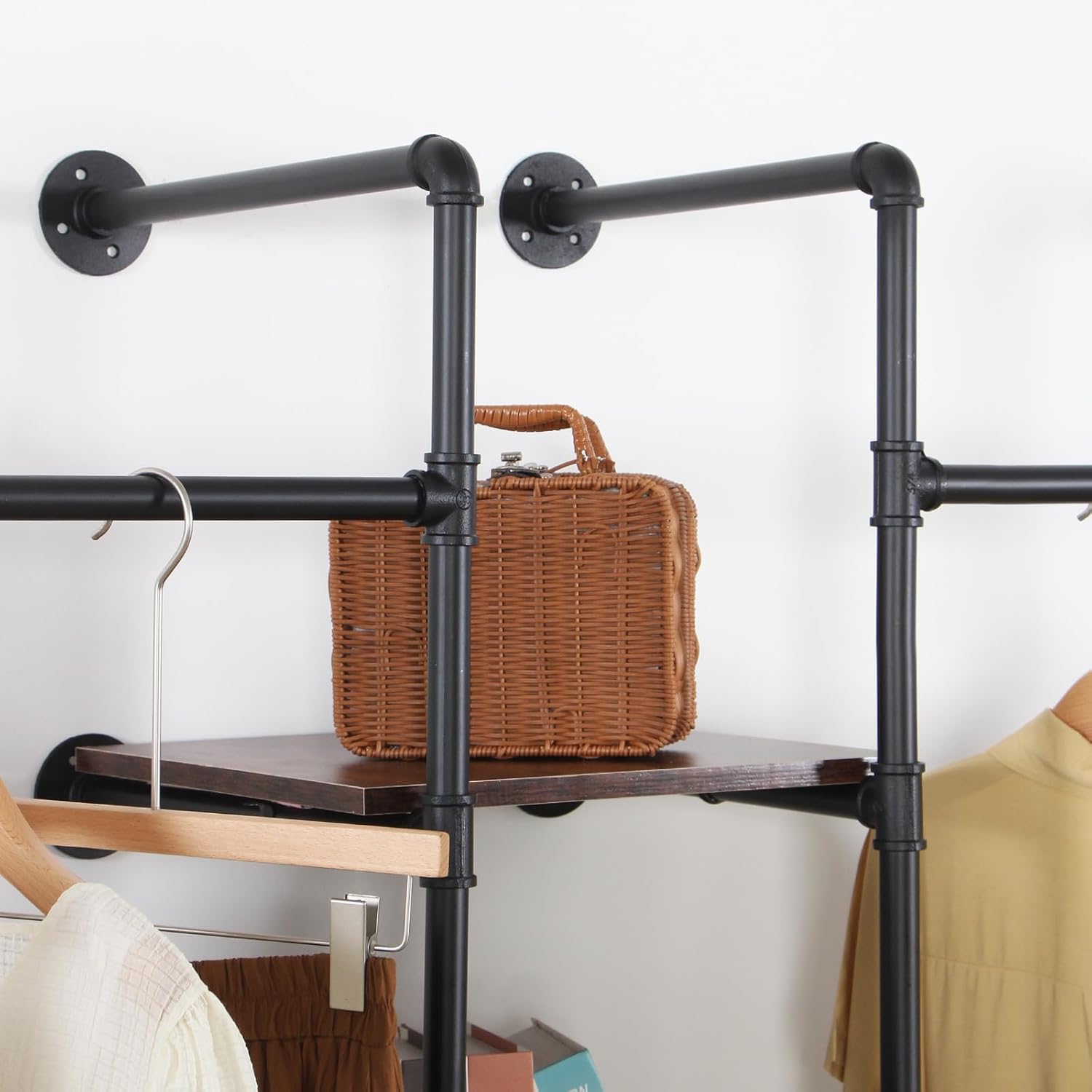 Wall Mounted Industrial Pipe Heavy Duty Clothes Rack, Clothing Rods for Hanging Clothes, Freestanding Clothing Rack with 2 Hang Rods & 4 Shelves, 72.8' W x 17.7' D x 71' H