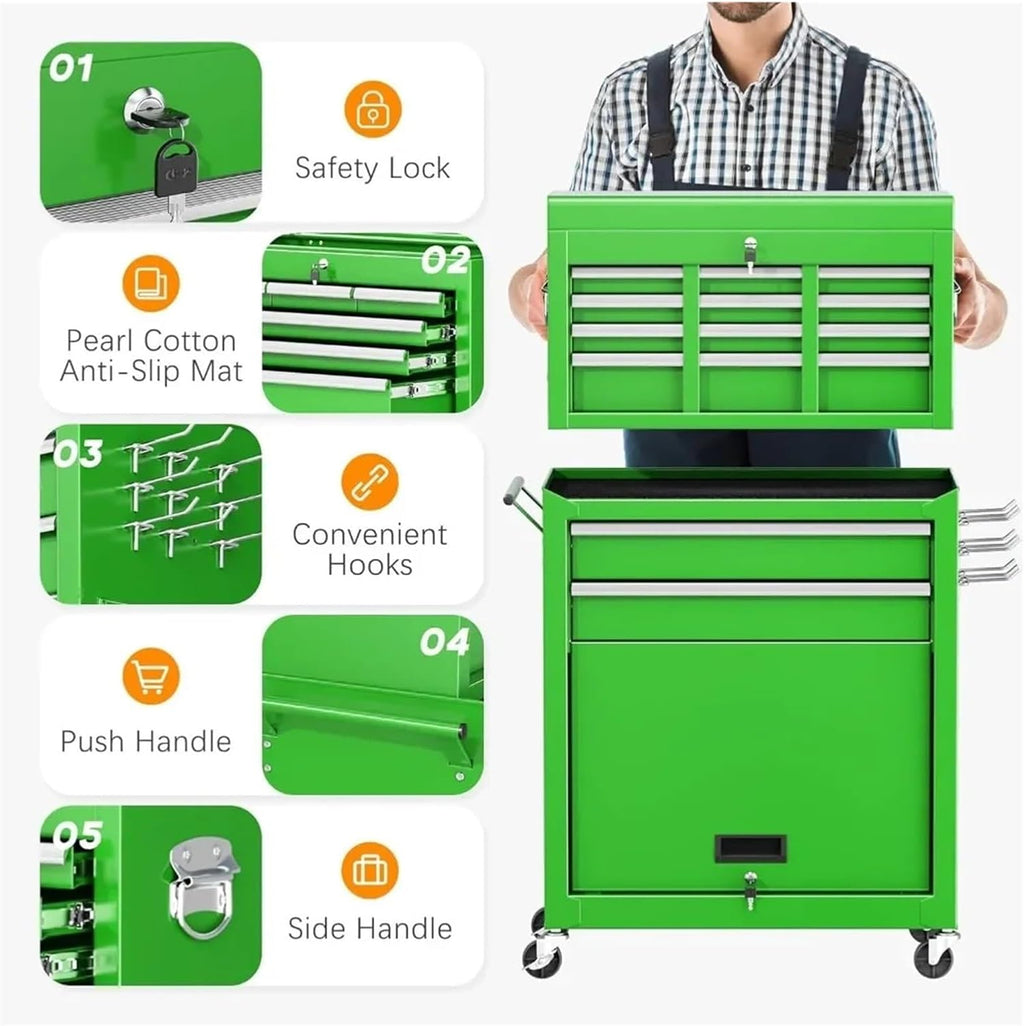 Tool Box Rolling Tool Chest, 8-Drawer Tool Box, 2 in 1 Detachable Tool Chests & Box, Portable Steel Tool Cabinets w/Lockable Wheels & Sliding Drawers for Warehouse, Garage Hardware Toolbox