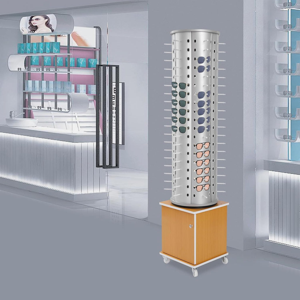 Glasses Display Stand, 114-Pair Eyewear Storage Rack for Sunglasses & Reading Glasses, 360°Swivel Commercial Eyeglass Organizer for Optical Shop, Jewelry Store, Retail Display (Silver+Yellow)