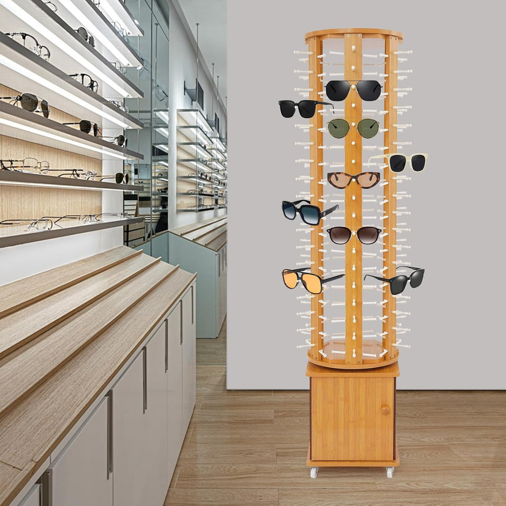 Sunglasses Display Rack, 108 Pairs Glasses Rack, 360° Rotating Eyeglasses Storage Organizer, Floor-standing Eyewear Holder, Glasses Display Stand with Storage Cabinet & Wheels, Wood Color