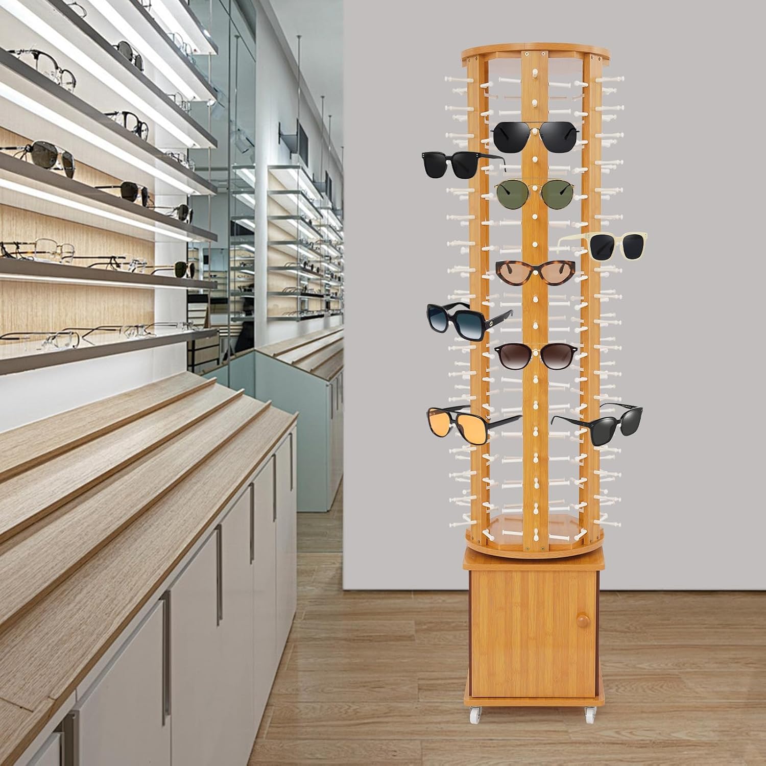 Sunglasses Display Rack, 108 Pairs Glasses Rack, 360° Rotating Eyeglasses Storage Organizer, Floor-standing Eyewear Holder, Glasses Display Stand with Storage Cabinet & Wheels, Wood Color