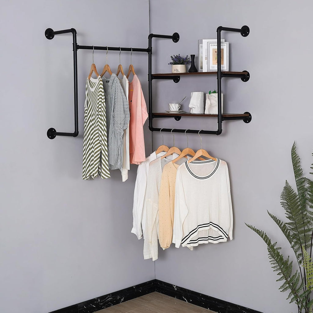 Industrial Pipe Wall-Mounted Clothing Rack with 2 Wood Shelves - Heavy Duty Double Rod Metal Garment Organizer for Bedroom/Retail Stores, Black (30H×12.5D×59W inch)