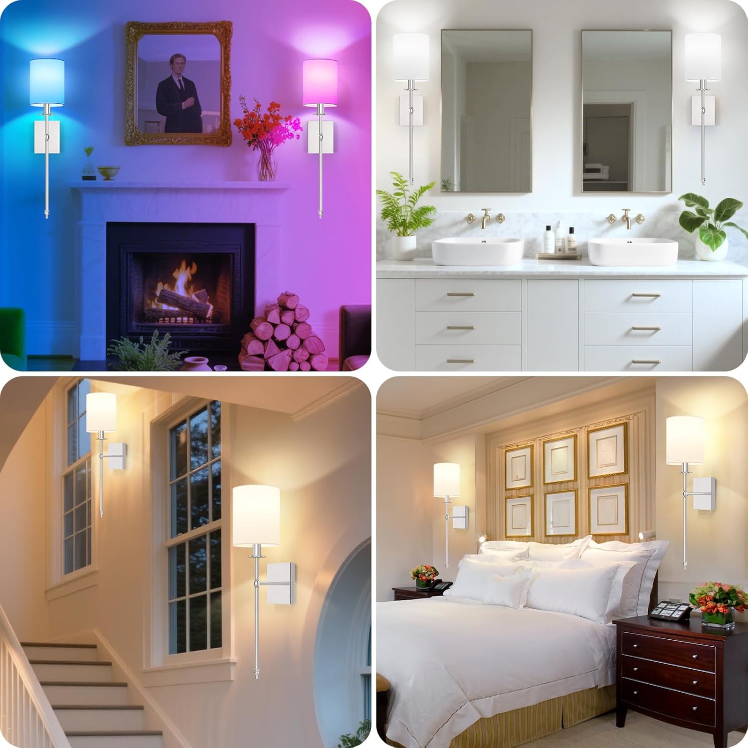27 Inch Battery Operated Wall Sconces Set of 2 with Remote, Brushed Nickel Rechargeable Wireless Wall Lights with White Fabric Shade, Cordless Wall Lamps with Dimmable Detachable Bulbs for Bedroom
