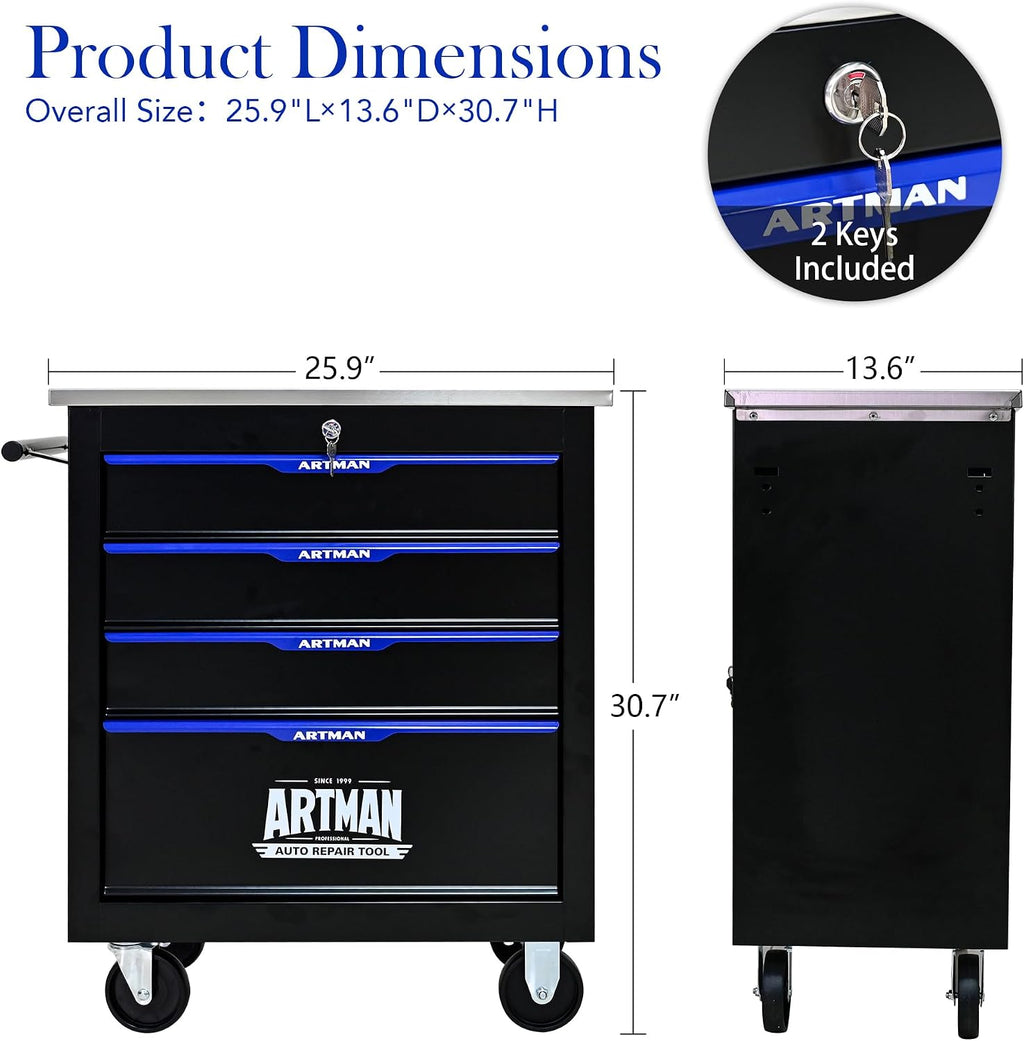 4-Drawer Tool Chest with Wheels, Combinable Rolling Tool Cart, Rolling Tool Box，Storage Organizer Cabinet for Garage,Warehouse, Repair Shop, Workshop