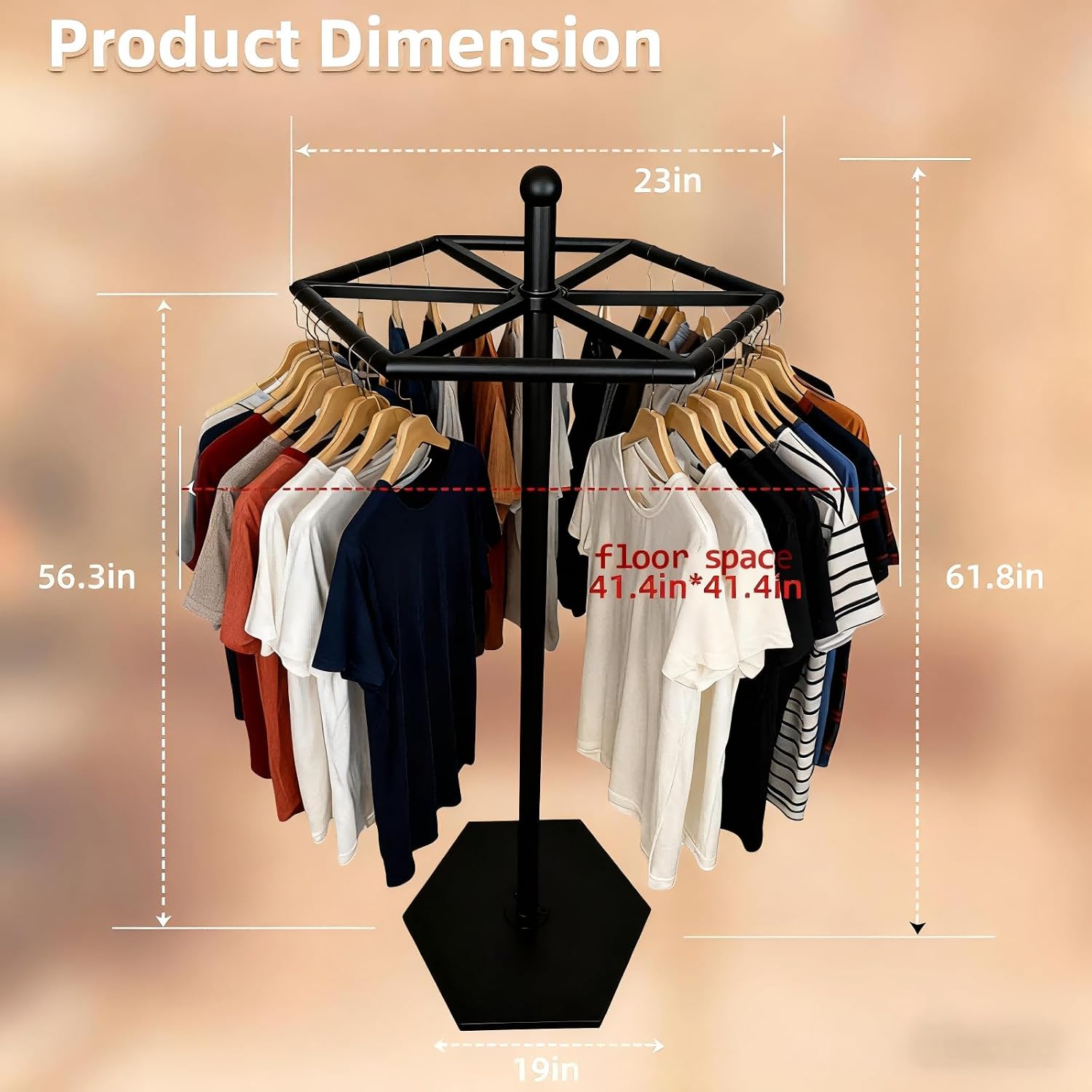 23-Inch Heavy-Duty Metal Rotating Clothes Rack, 42' x 42' Footprint, Rack Load 200lbs,Round Clothing Rack with Adjustable Base Pads, Base Supports M8 Caster Wheels, For Home & Retail