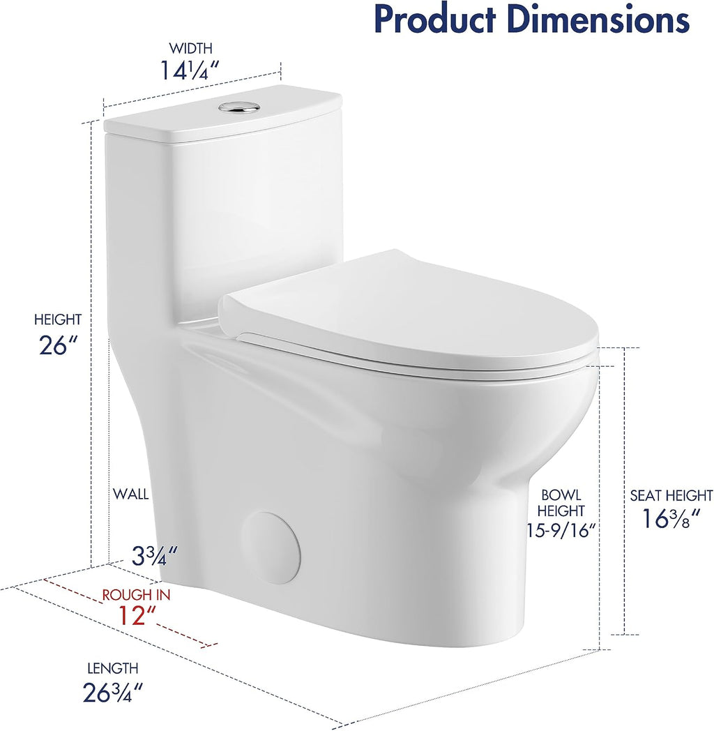 Eridanus One Piece Toilet, Elongated with Soft Closing Seat, Small Compact Toilet with 16⅜' Height Seat, Powerful & Quiet Dual Flush (1.1/1.6 GPF), 12' Rough-In