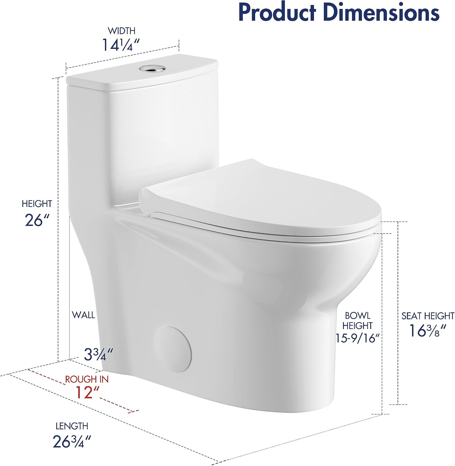 Eridanus One Piece Toilet, Elongated with Soft Closing Seat, Small Compact Toilet with 16⅜' Height Seat, Powerful & Quiet Dual Flush (1.1/1.6 GPF), 12' Rough-In