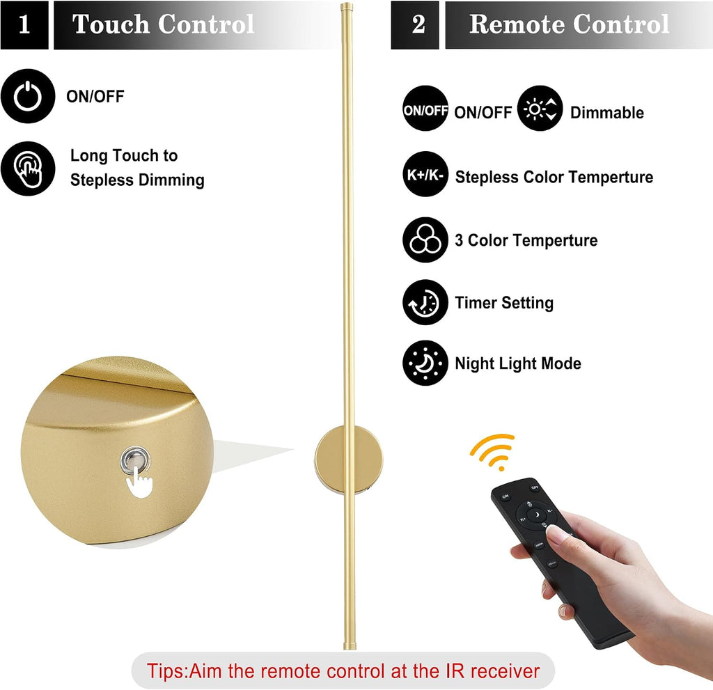 Battery Operated Modern Wall Sconces,Dimmable Wireless Wall Light Set of Two with Remote Control,3 Color Temperatures,Rechargeable LED Wall Sconce for Bedroom,Living Room,Hallway,39.3 Inch, Gold
