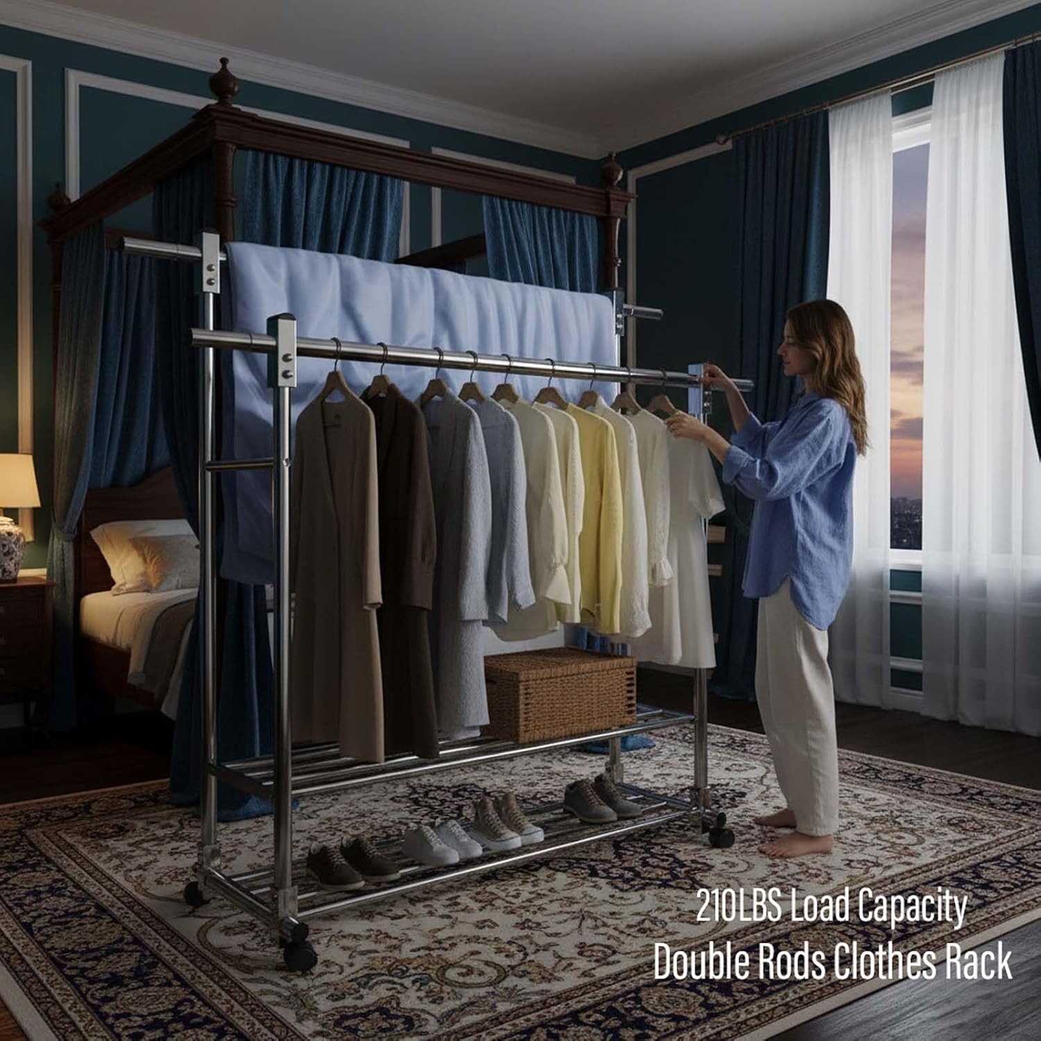 YSUEFIJO Stainless Steel Clothes Drying Rack with Wheels, Double Rods Extendable Laundry Hanger, Mobile Telescopic Garment Rack, Indoor Outdoor Folding Laundry Stand