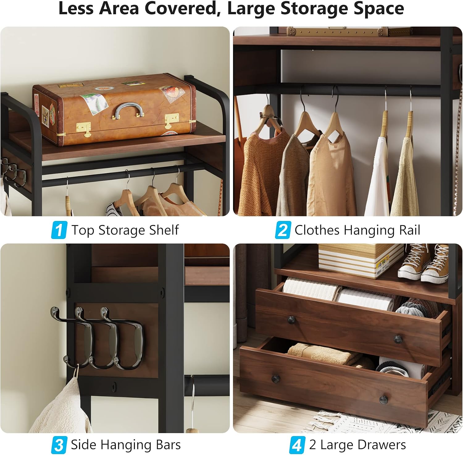 Tribesigns Freestanding Closet Organizer Small Clothes Rack with Drawers and Shelves, Heavy Duty Coat Rack Small Garment Rack Industrial Hall Tree for Entryway, Bedroom