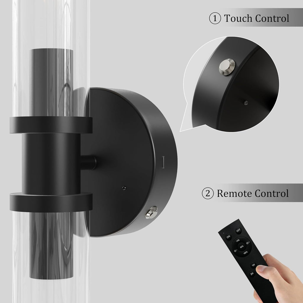 Rayogale Black Wireless Battery Operated Wall Sconces with Remote Control | Glass Rechargeable Wall Lights Set of 2 with Timer Function Dimmable for Living Room Bedroom Emergency 3000K, 20.5 Inch