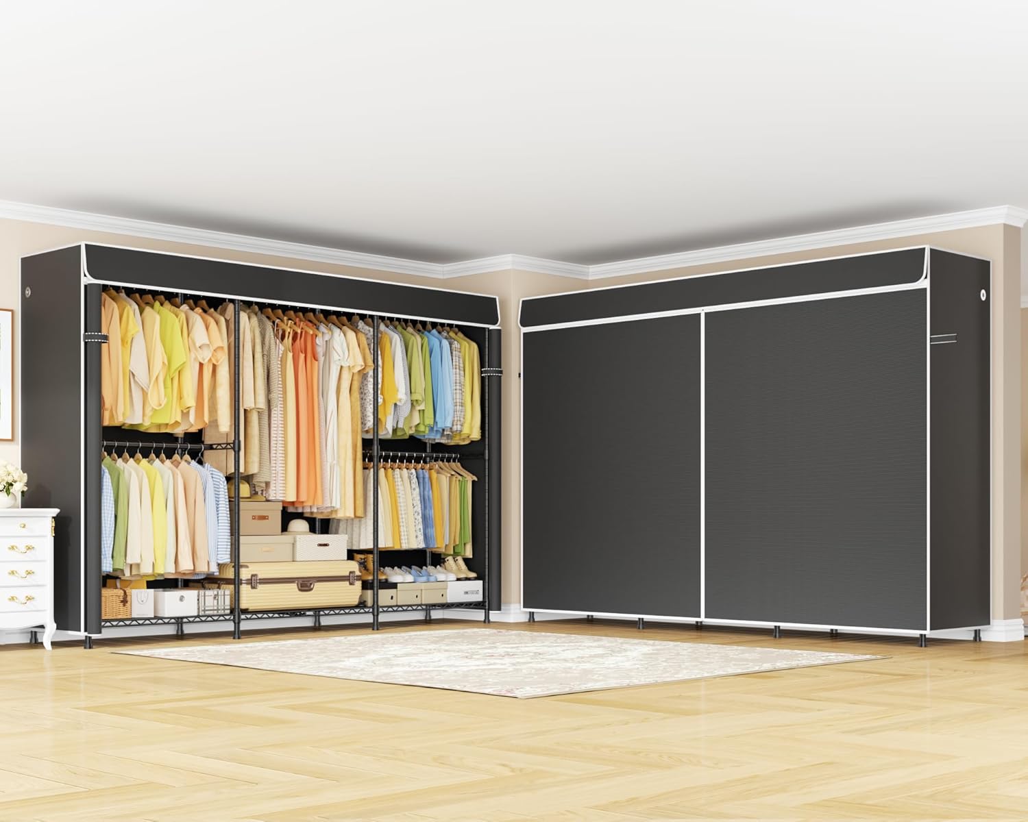 ULIFHOME E14C Max Heavy Duty Closet Organizer System，Freestanding Clothing Racks for Hanging Clothes，Adjustable Garment Rack 86' W × 16' D × 77' H Hold 1060 lbs，Black Rack with Black Cover