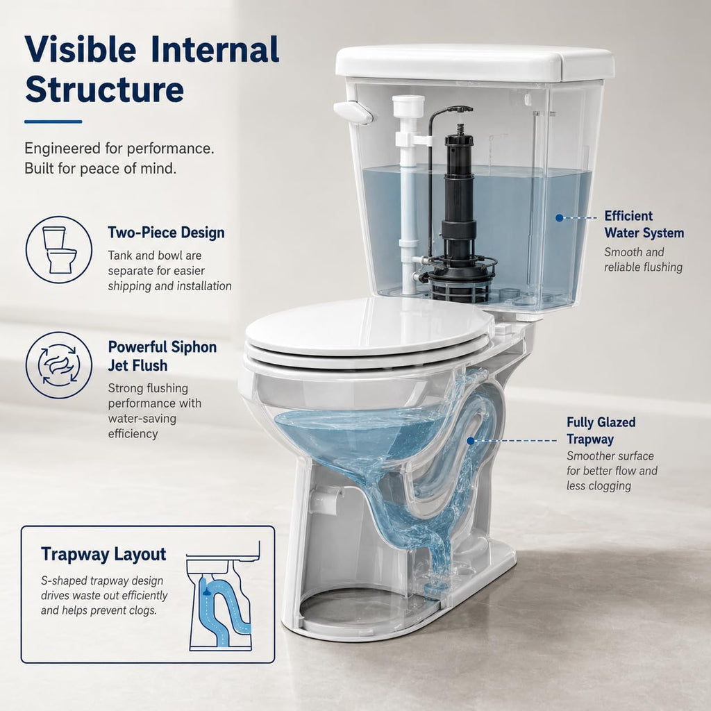17' Round Two-Piece Toilet with Slow-Close PP Seat – Upgraded Power Flush, Single Side Handle, Includes Tank & Complete Installation Kit – Great for Guest Bathroom or Basement