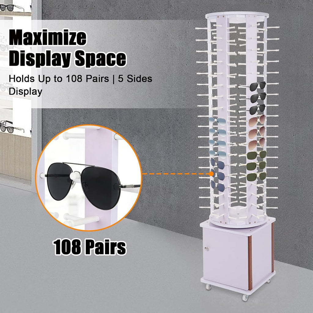 Sunglasses Display Stand, 108 Pairs Wooden 360° Rotating Sunglass Eyeglass Holder Organizer, Glasses Hanger Storage Rack for Retail Commercial Display, L14.2*H66.1in, White