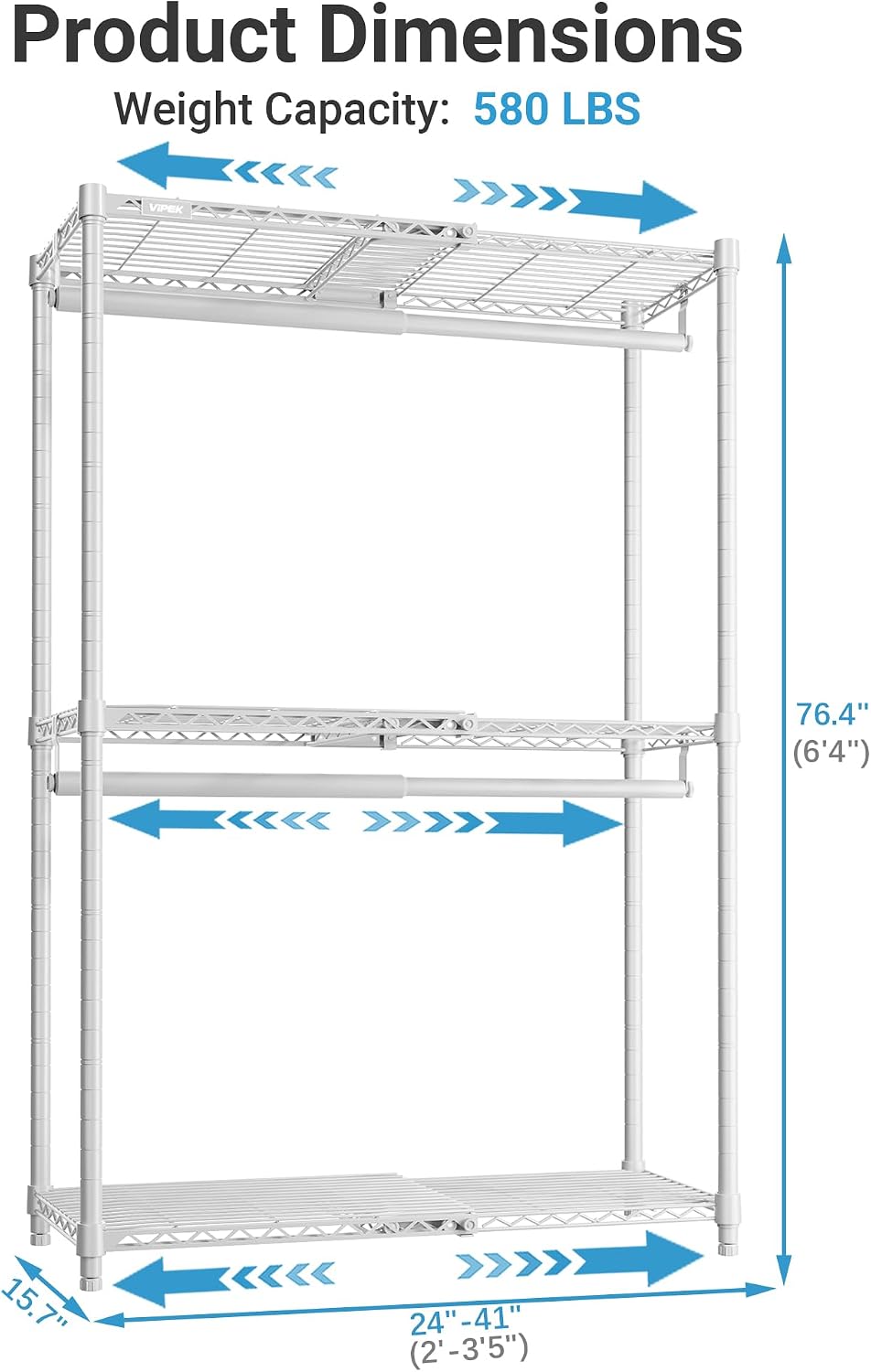 VIPEK X1 Expandable Clothing Rack Heavy Duty Adjustable from 2' to 3'5' with Flexible Shelves and Hanger Rods Metal Garment Portable Closet Rack for Hanging Clothes, White