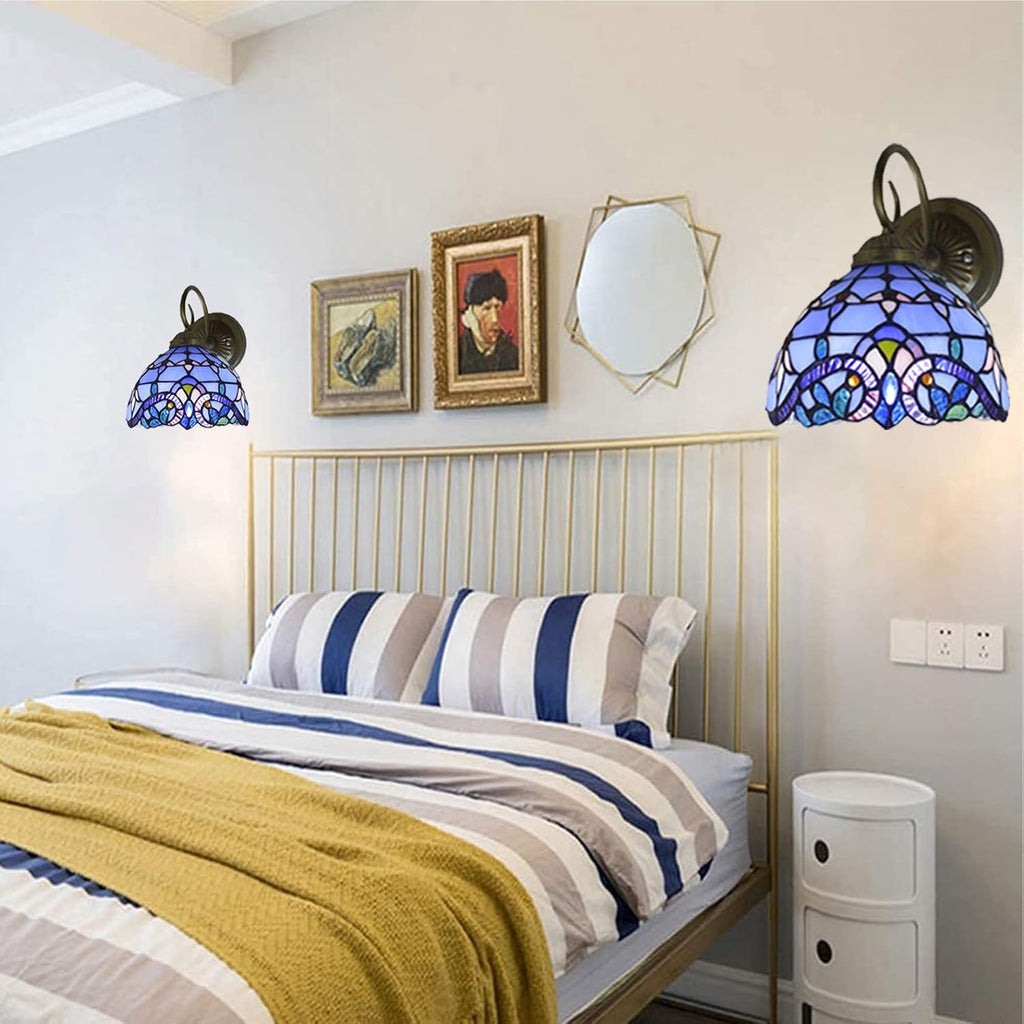 Tiffany Wall Lamp Sconce Light Fixtures Set of Two, Wall Amout Lamp, 8 in Hand-Made Baroque Stained Glass Shade LED Wall Lights for Bedroom Living Room Hallway Kitchen,Blue,2PCS