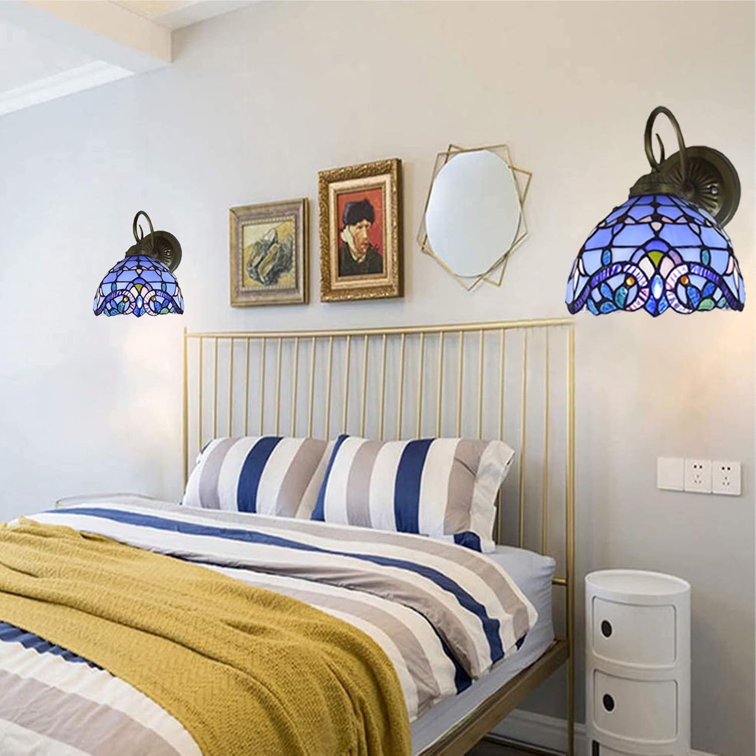 Tiffany Wall Lamp Sconce Light Fixtures Set of Two, Wall Amout Lamp, 8 in Hand-Made Baroque Stained Glass Shade LED Wall Lights for Bedroom Living Room Hallway Kitchen,Blue,2PCS