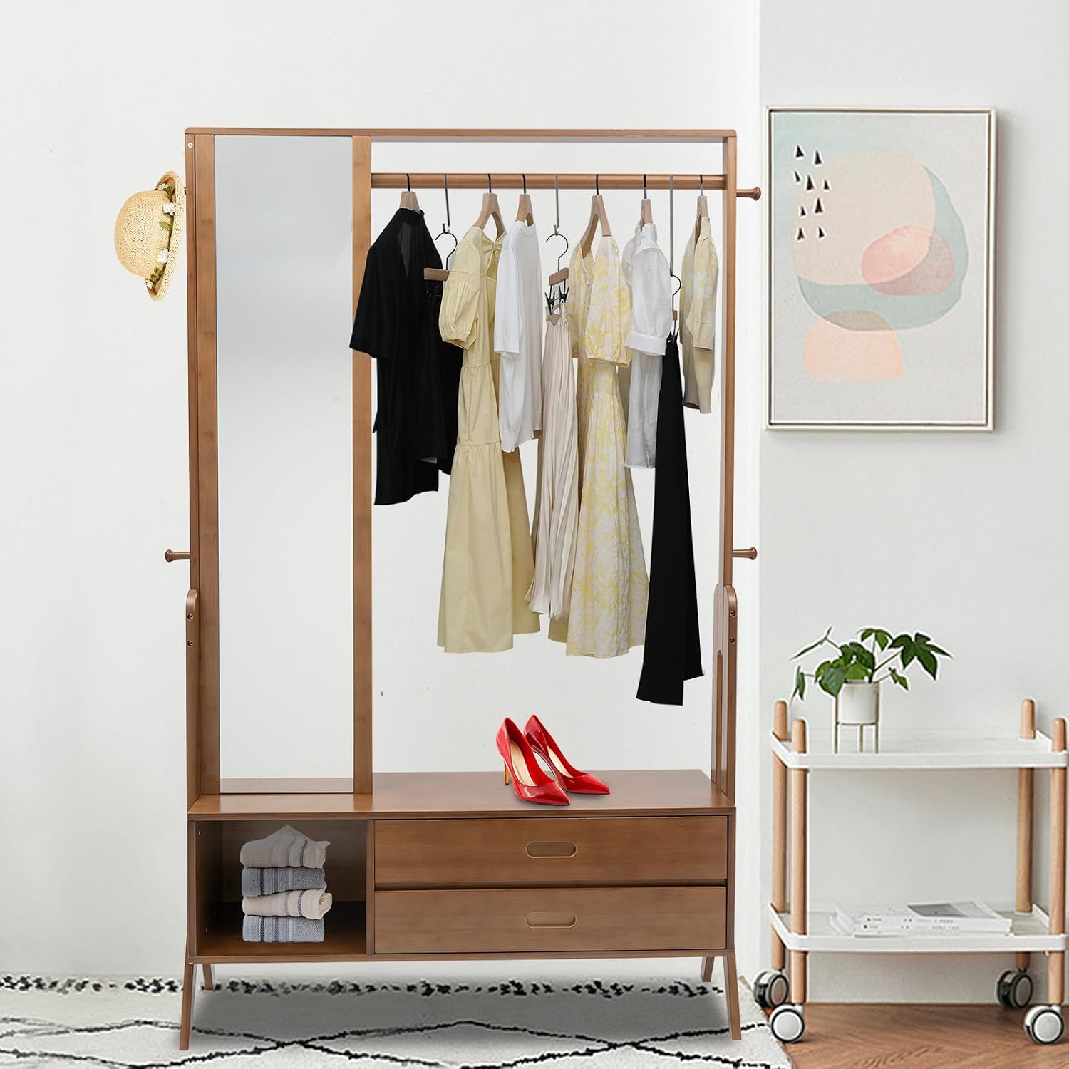 Bamboo Garment Rack Clothes Rack with Mirror and Drawers, Freestanding Closet Organizers Coat Rack Entryway Open Wardrobe Closet Drawers, 220 lb Load Bearing for Bedroom Livingroom Corridors