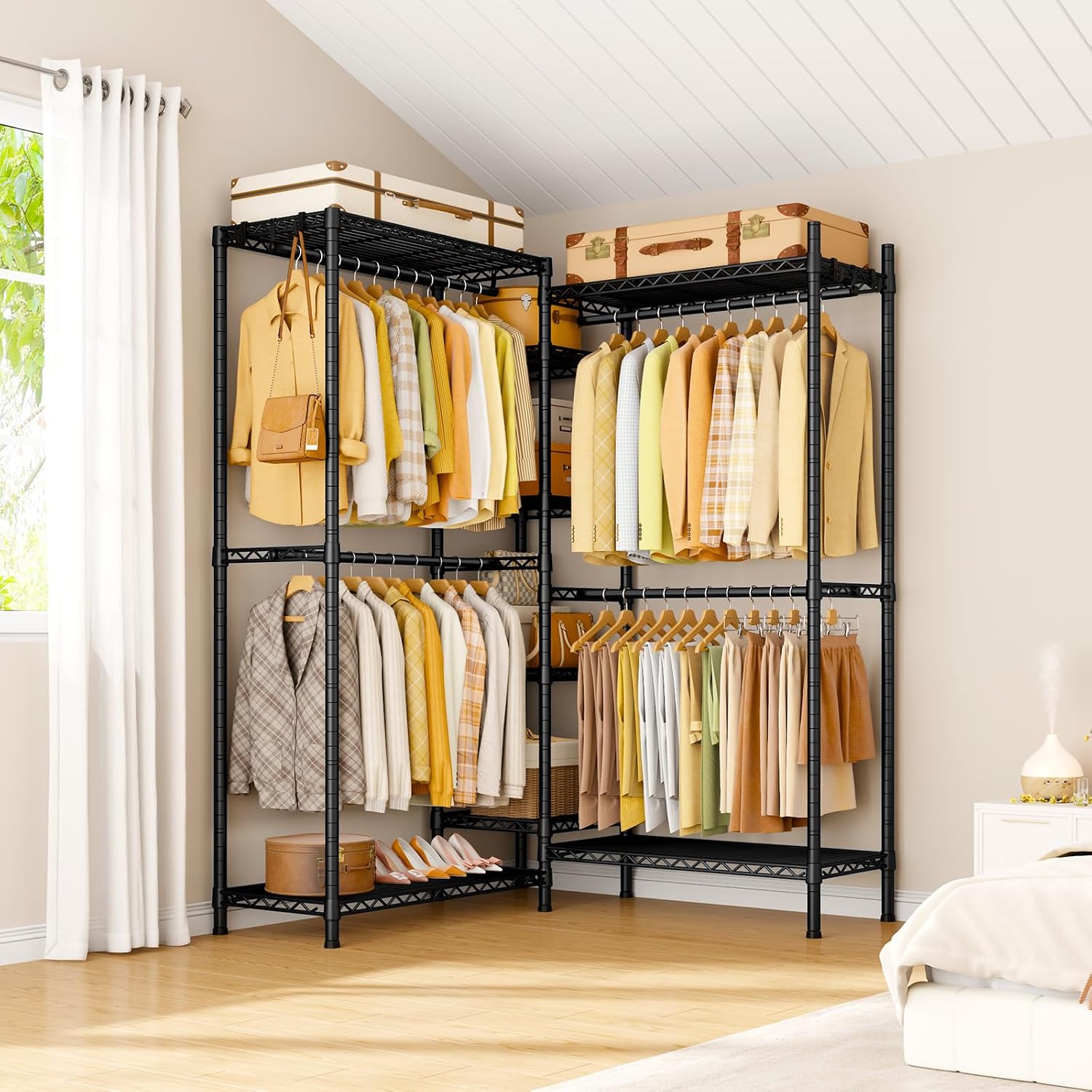 Ulif E4L L-shaped Clothes Rack for Corner, Heavy Duty Freestanding Garment Rack, Metal Clothing Organization Storage System with Shelves and Hangers, Max Load 962lbs, 42.7'W x 42.7'D x 79.3'H, Black
