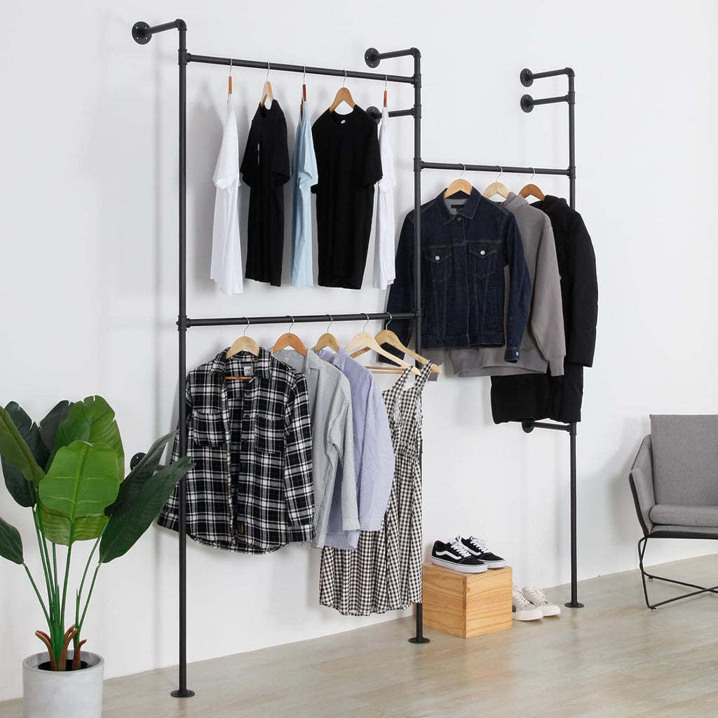 Wall Mounted Industrial Pipe Clothing Rack Garment Racks Pipeline Vintage Rolling Rack On Wall, Heavy Duty Rustic Gold Metal Garment Frame for Bedroom, Living room (Black)