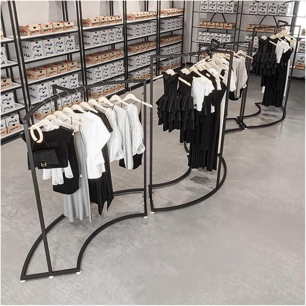 Garment Rack Clothing Display Rack - Half Round Floor Standing Clothes Rail for Retail Stores - Durable Black Curved Combination Design - Ideal for Organizing Clothing