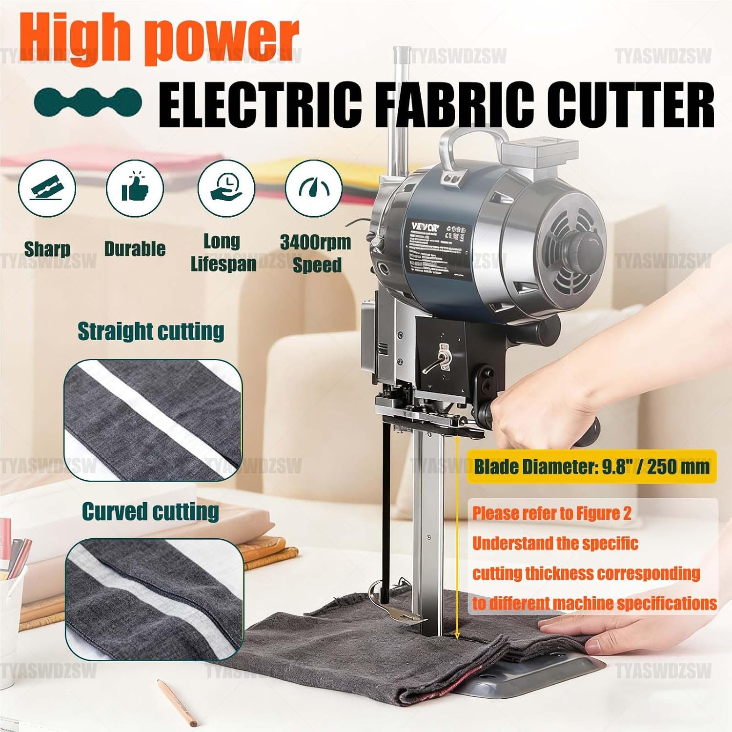 1100W Professional Veal Fabric Cutting Machine - 10in Straight Knife Cloth Cutter with Automatic Blade Sharpening, Ideal for Textile, Leather, Carpet & Multi-Layer Materials