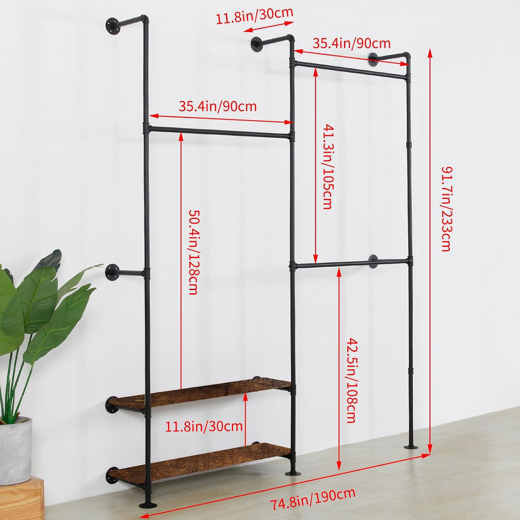 Industrial Pipe Clothing Rack Wall Mounted - Heavy Duty Wood Shelves Garment Display for Bedroom/Retail Stores, Steampunk Clothes Hanger Organizer, Black(91.7X74.8inch)
