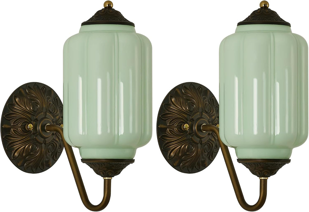 Vintage Milk Glass Wall Sconce - Set of 2 Green Dimmable Wall Mount Lighting with Bulbs - Antique Brass Gold Sconces - Mid Century Vanity Light Fixture for Bathroom Bedroom Living Room Hallway Decor