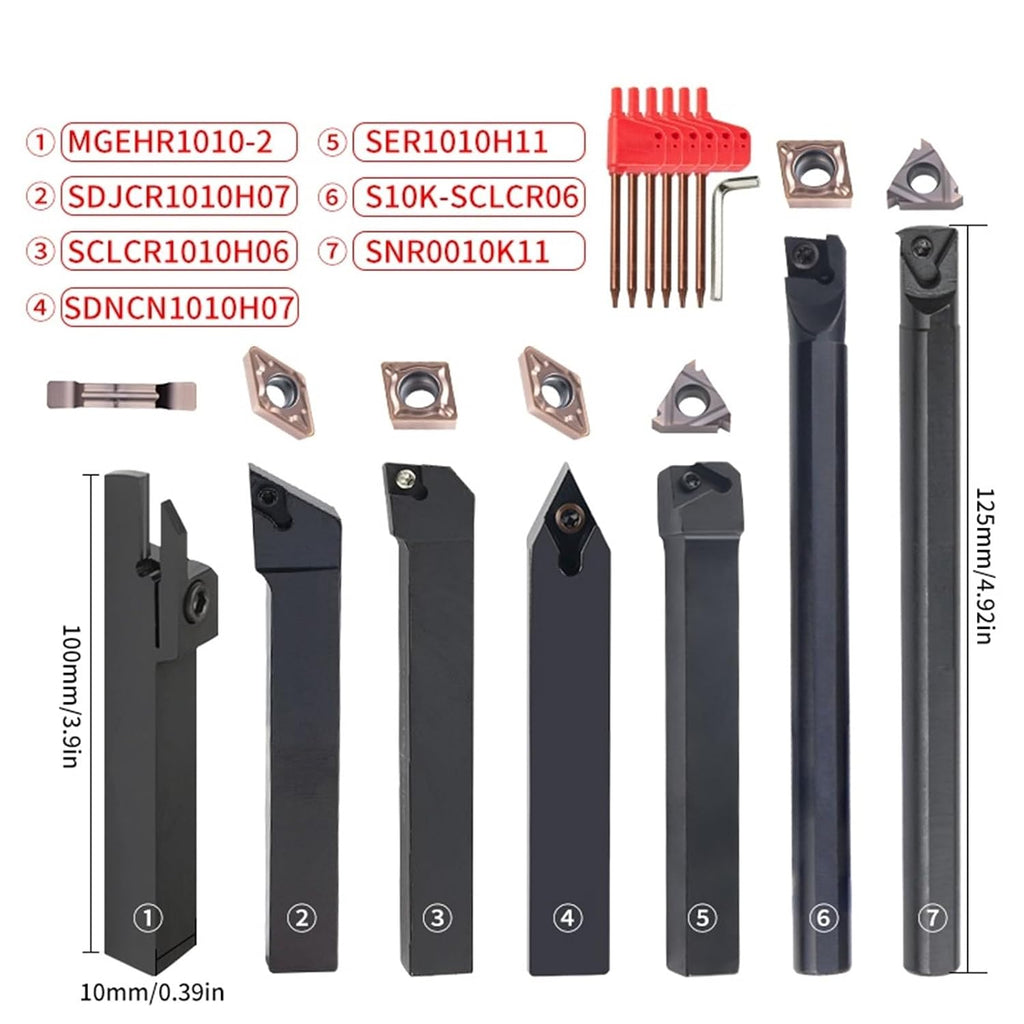 10/12/16MM Turning Tool Sets MGEHR SDJCR SDNCN SCLCR SER SNR Lathe Boring Bar with 7PCS Carbide Insert CNC Cutting Holder(10MM Set 2 X2)