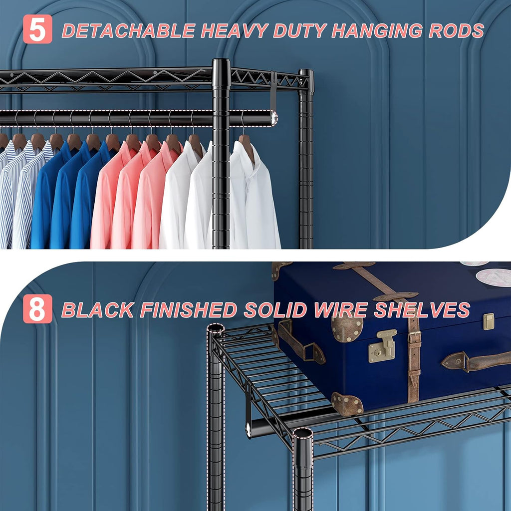 Raybee Clothes Rack,Clothing Racks for Hanging Clothes 900LBS Capacity Heavy Duty Portable Closet with 5 Hanger Rods & 8 Shelves for Walk-in Closet,Apartment