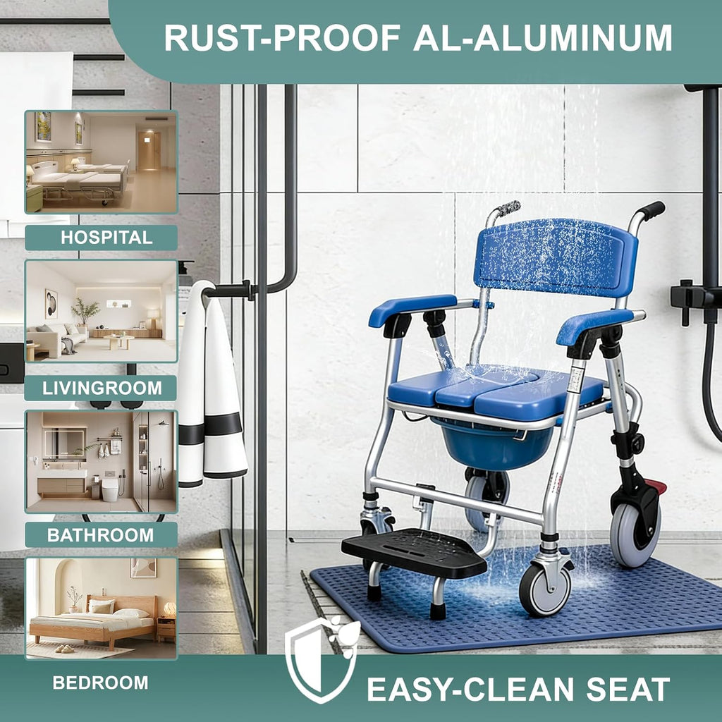 Bedside Commode with Wheels - Anti-Sponge Padded Seat, Foldable Mobile Toilet Shower Stool with 300 LBS Weight Capacity, Portable Toilet with Bucket for Elderly and Disabled