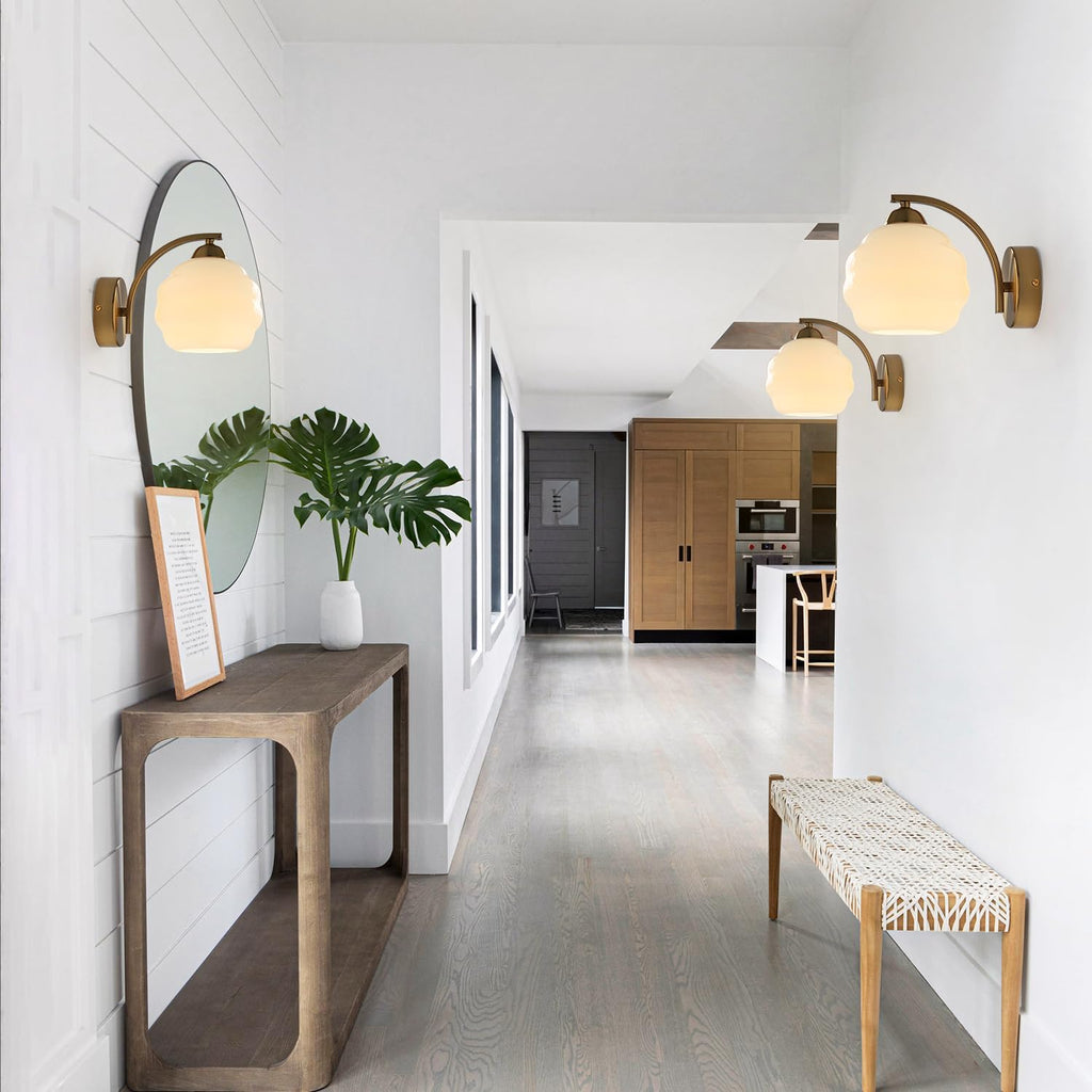 Milk Glass Wall Sconce Brushed Gold Wall Sconce Globe Vanity Lights Sconces Set of 2 Mid Century Wall Mounted Light Modern Bathroom Sconces Wall Lighting Set of 2 Bathroom Wall Lamp