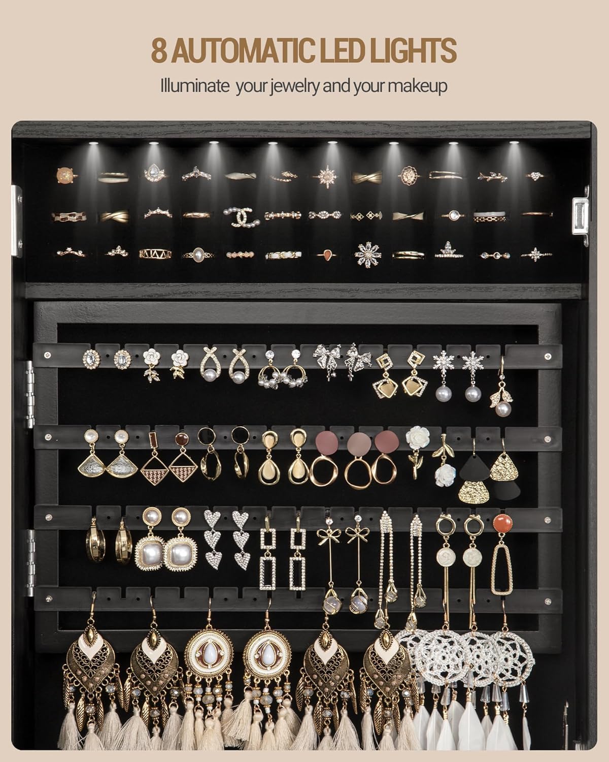 Hzuaneri 8 LEDs Jewelry Cabinet Armoire, 66.9-inch Jewelry Organizer with Garment Rack, Lockable Full-length Mirror with 4 Wheels, Storage Shelves with Hooks, 5-in-1, Black JC17004B