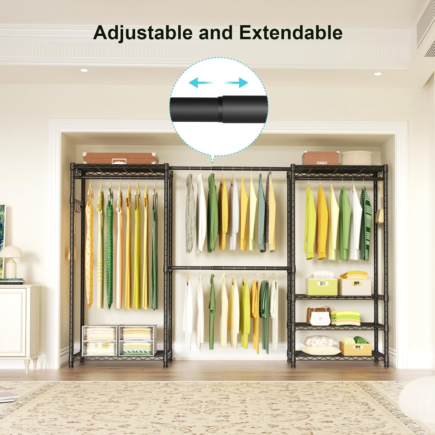 Ulif E1 Heavy Duty Closet Garment Rack, 6 Tiers Adjustable Metal Freestanding Expandable Clothing Storage with 4 Hanger Rods, Easy to Assemble Wardrobe Suit for 70 to 88.2' Space, 14'D x 71.4'H, Black