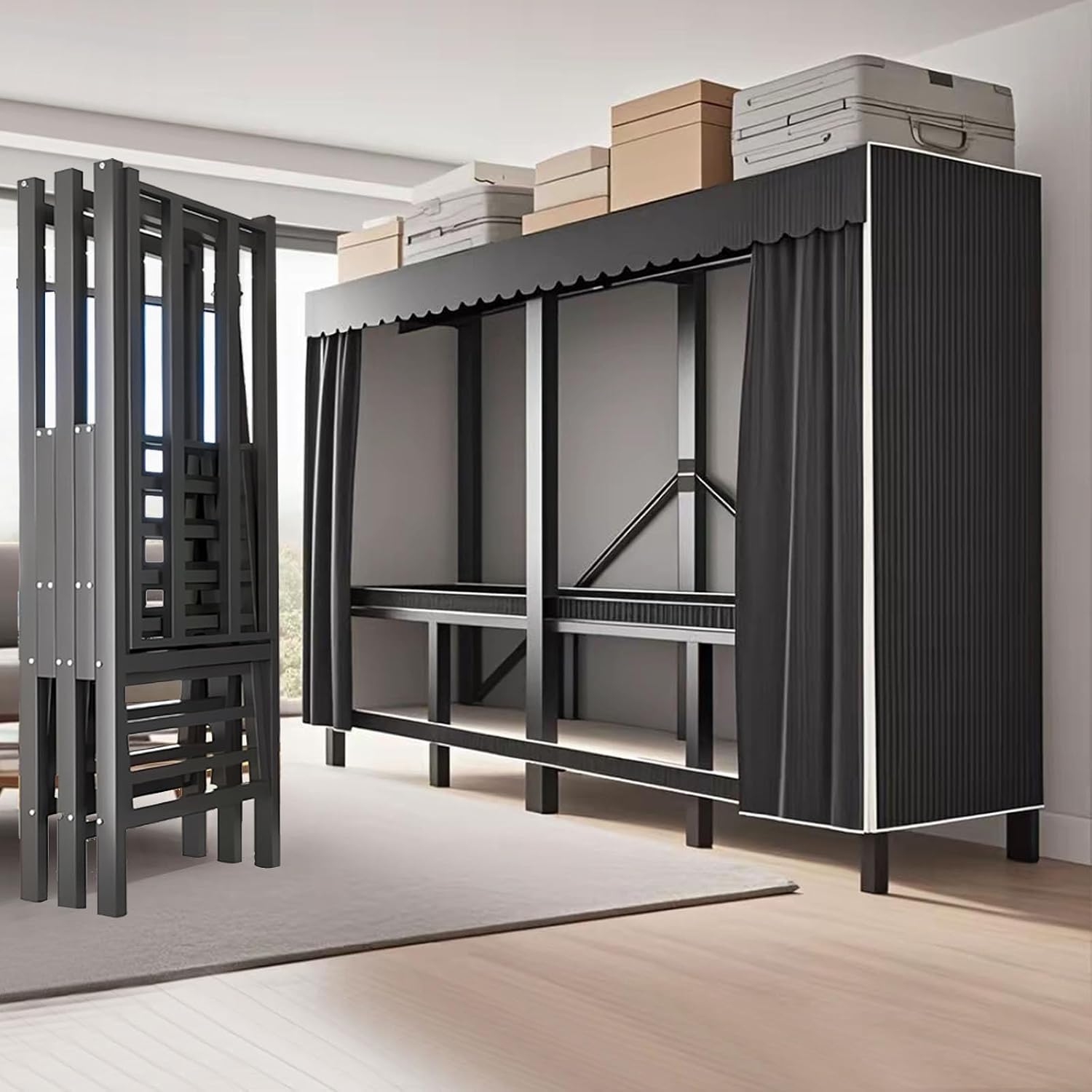 Foldable Portable Closet Wardrobe on Wheel Heavy Duty Metal Clothing Rack with Cover Freestanding Armoire Storage System Rolling Garment Racks for Hanging Clothes (D,Black Cover, 95.3in/242cm)