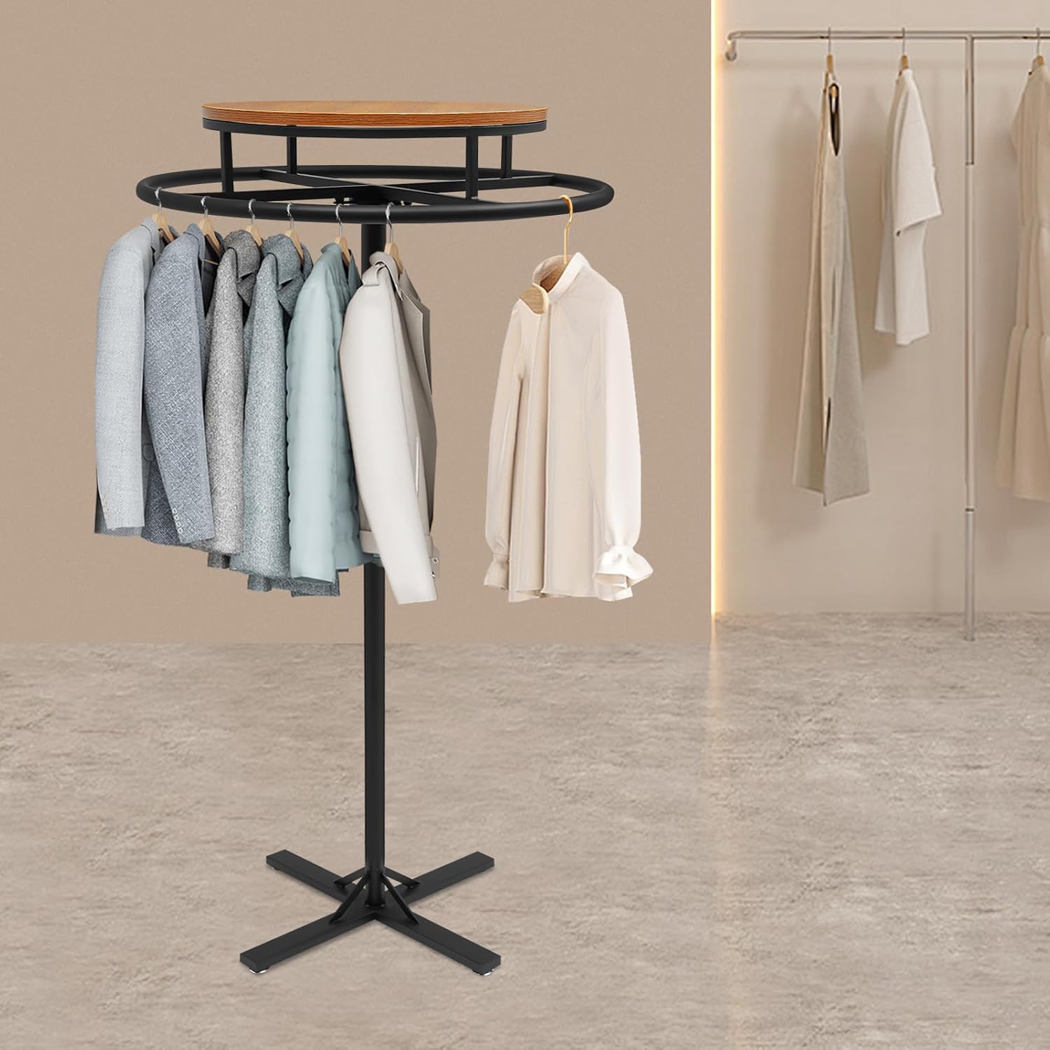 28 * 51 inch Retail Clothing Garment Racks with Display Table, Black 360° Rotatable Floor-Standing Clothes Storage Rack for Bedrooms Boutiques Retail Commercial Shop Laundry Room