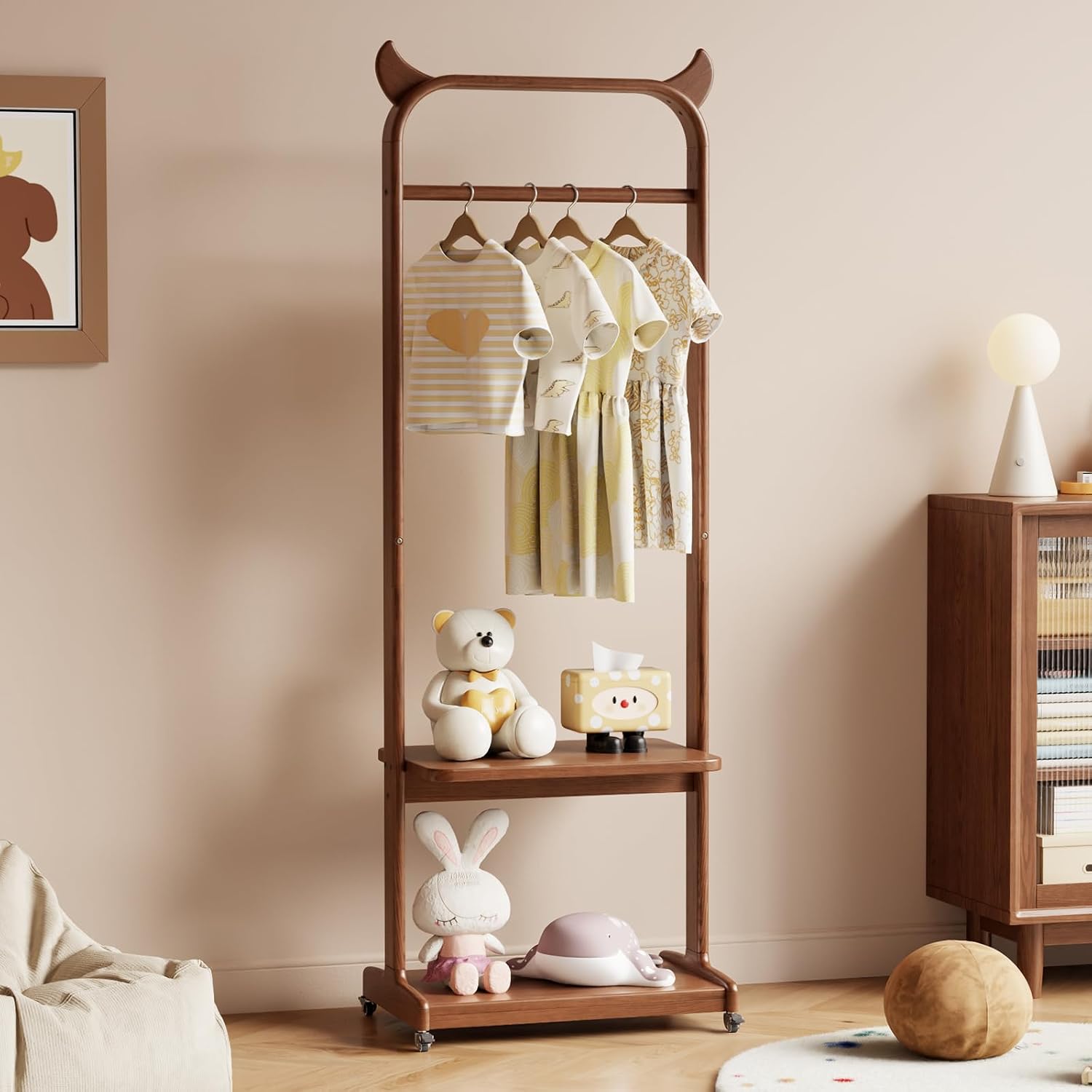 Solid Wood Clothing Racks with Shelves, Rolling Clothes Rack for Hanging Clothes Load 300 LBS, Portable Garment Rack with Wheels for Small Space (Walnut)