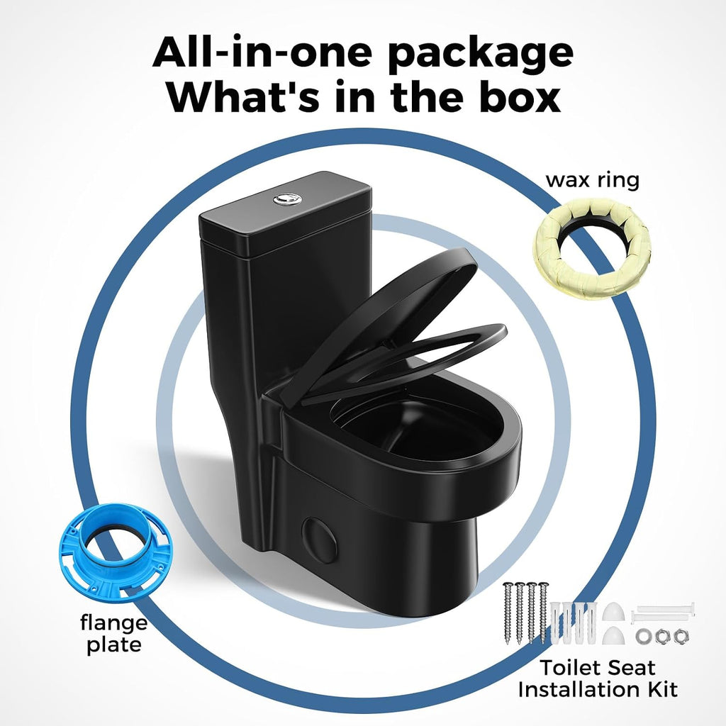 Compact Black One Piece Toilet with Soft-close Seat Lid, Power Dual Flush 1.2/1.85 GPF, Standard White Toilet Bowl, Space-saving Design For Limited Layouts,12'' Rough-in