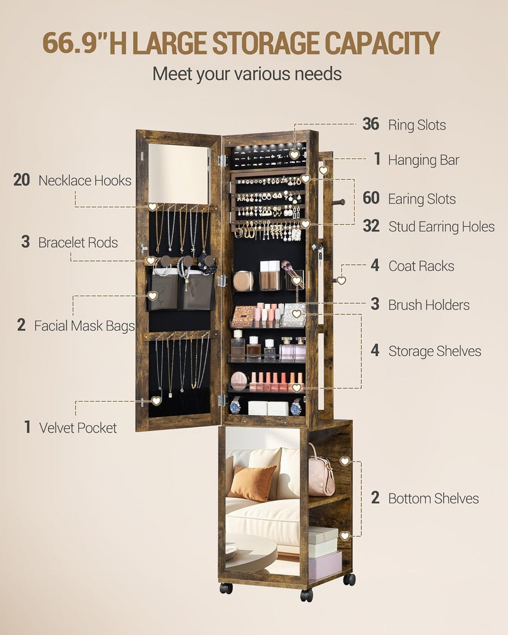 Hzuaneri 8 LEDs Jewelry Cabinet Armoire, 66.9-inch Jewelry Organizer with Garment Rack, Lockable Full-length Mirror with 4 Wheels, Storage Shelves with Hooks, 5-in-1, Toasted Oak JC17007B