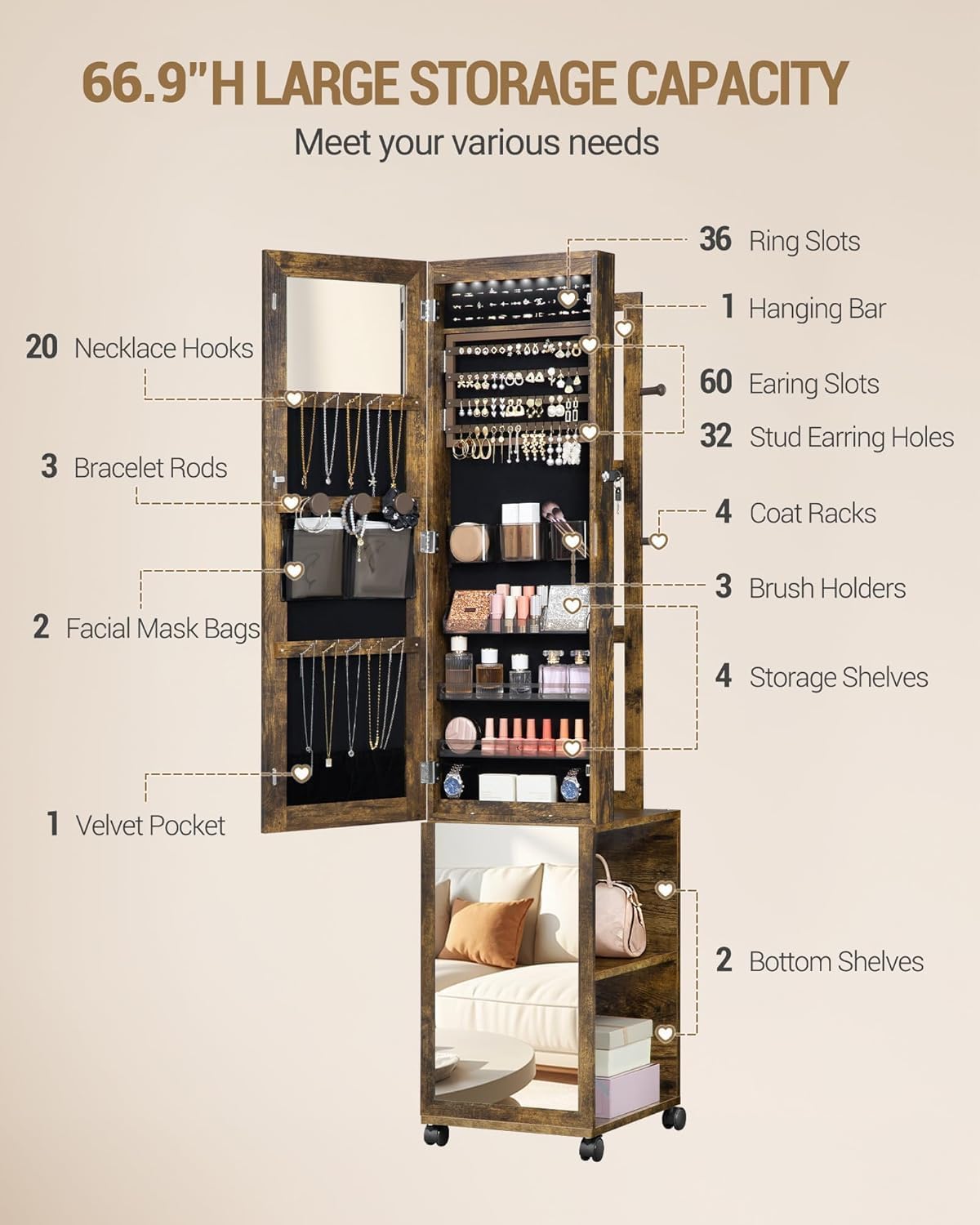 Hzuaneri 8 LEDs Jewelry Cabinet Armoire, 66.9-inch Jewelry Organizer with Garment Rack, Lockable Full-length Mirror with 4 Wheels, Storage Shelves with Hooks, 5-in-1, Toasted Oak JC17007B