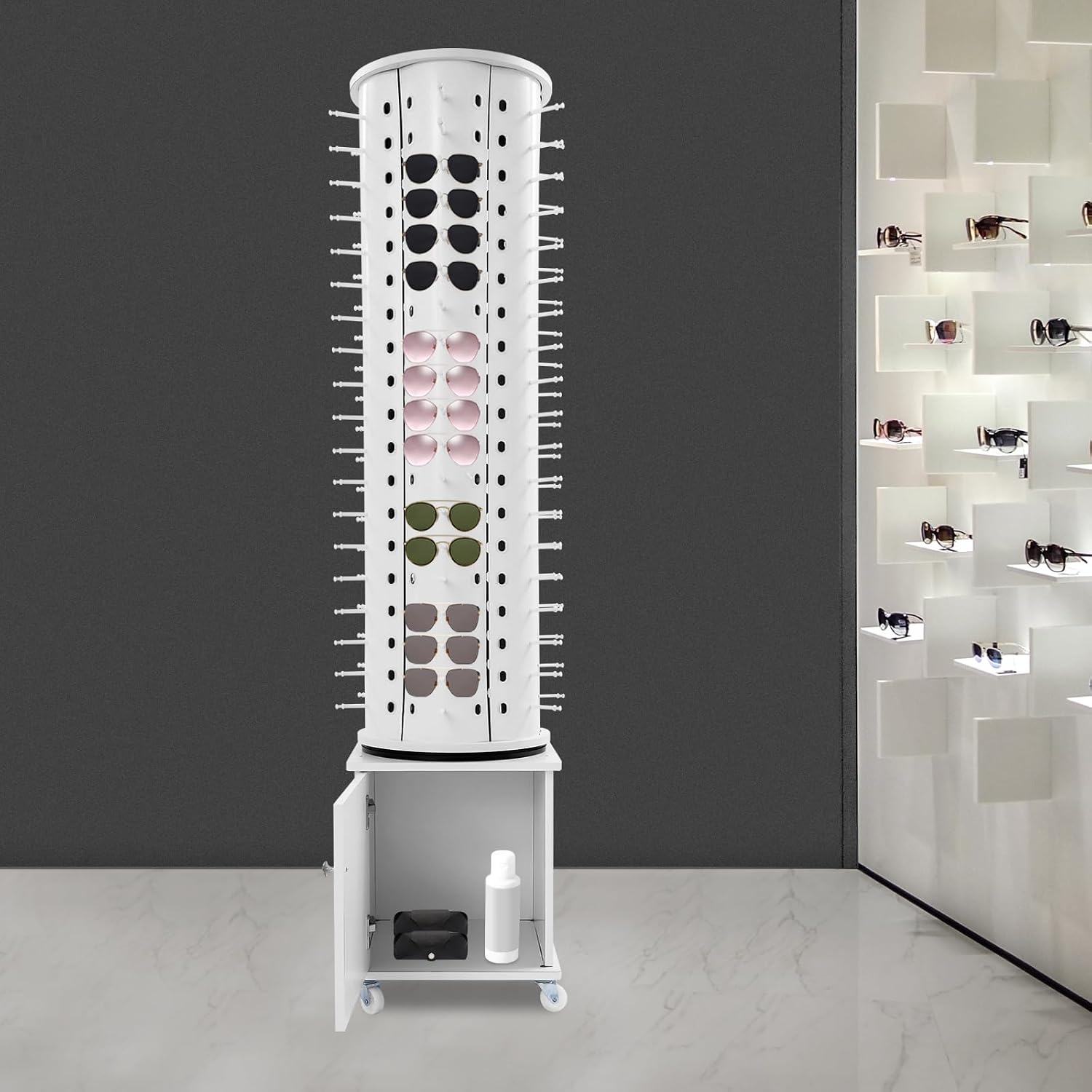 Glasses Display Stand, 114-Pair Eyewear Storage Rack for Sunglasses & Reading Glasses, 360°Swivel Commercial Eyeglass Organizer for Optical Shop, Jewelry Store, Retail Display (White)